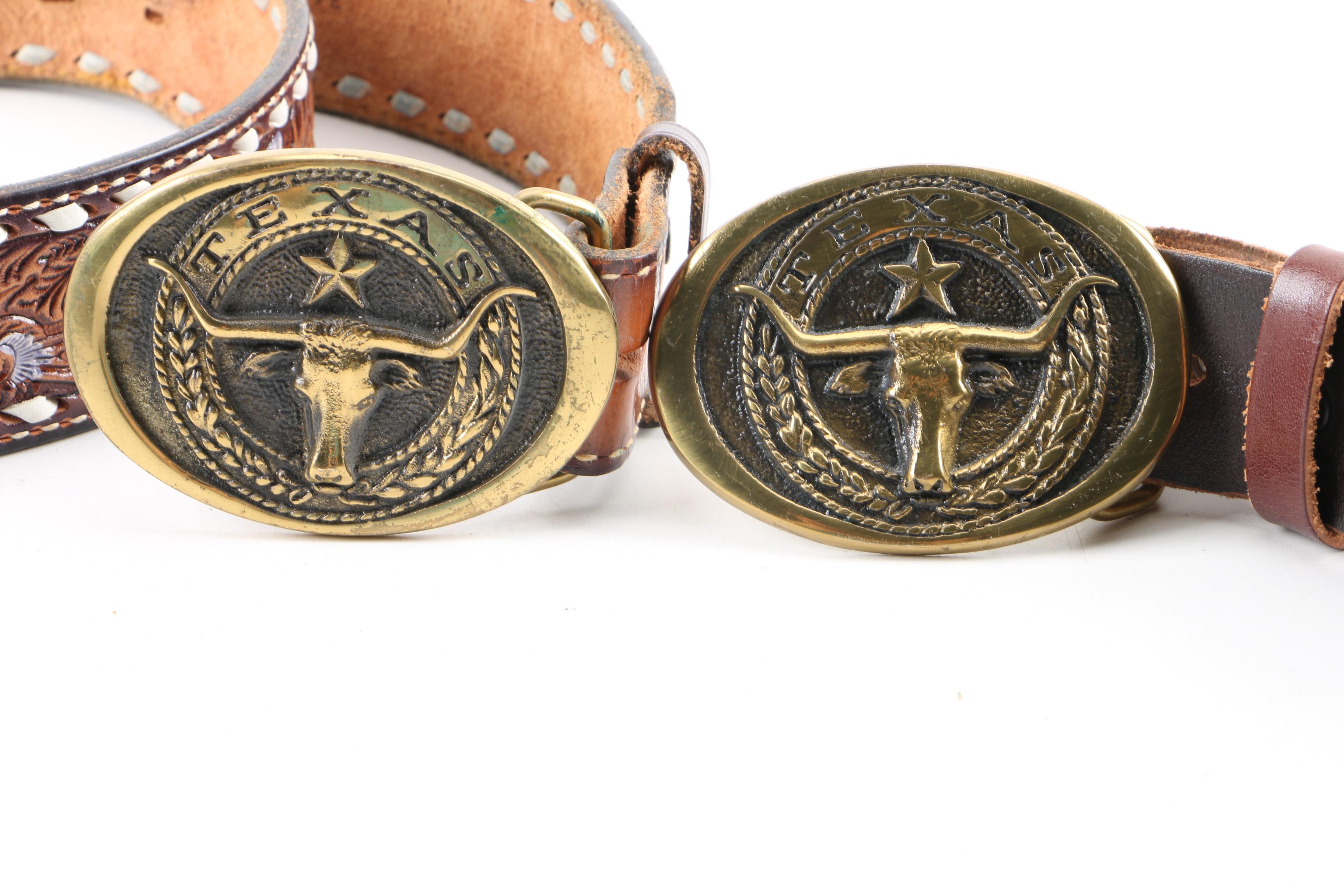 Women's 1970s Vintage Hand Tooled Leather Western Belts with Texas Brass Buckles