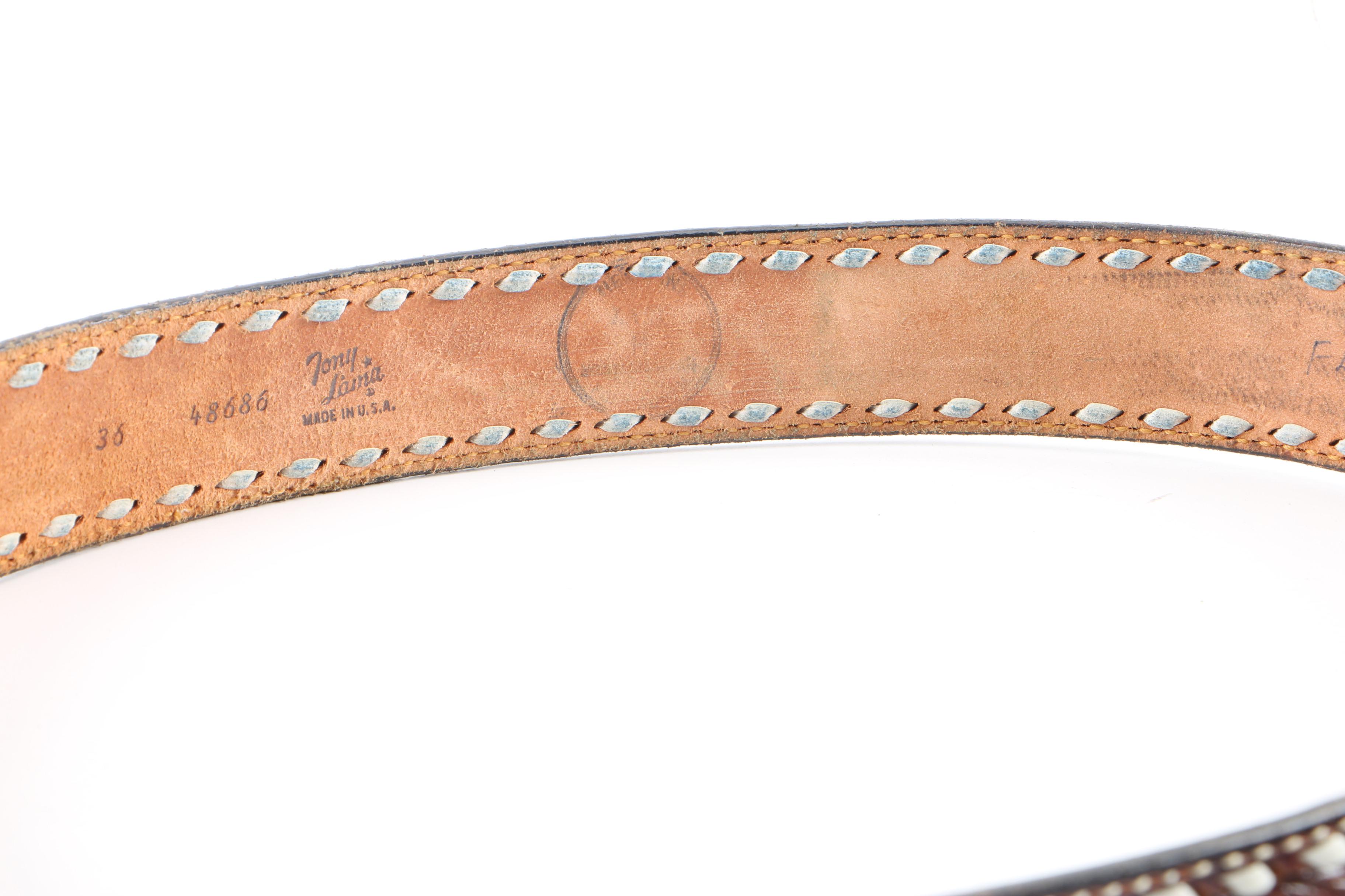 Women's 1970s Vintage Hand Tooled Leather Western Belts with Texas Brass Buckles