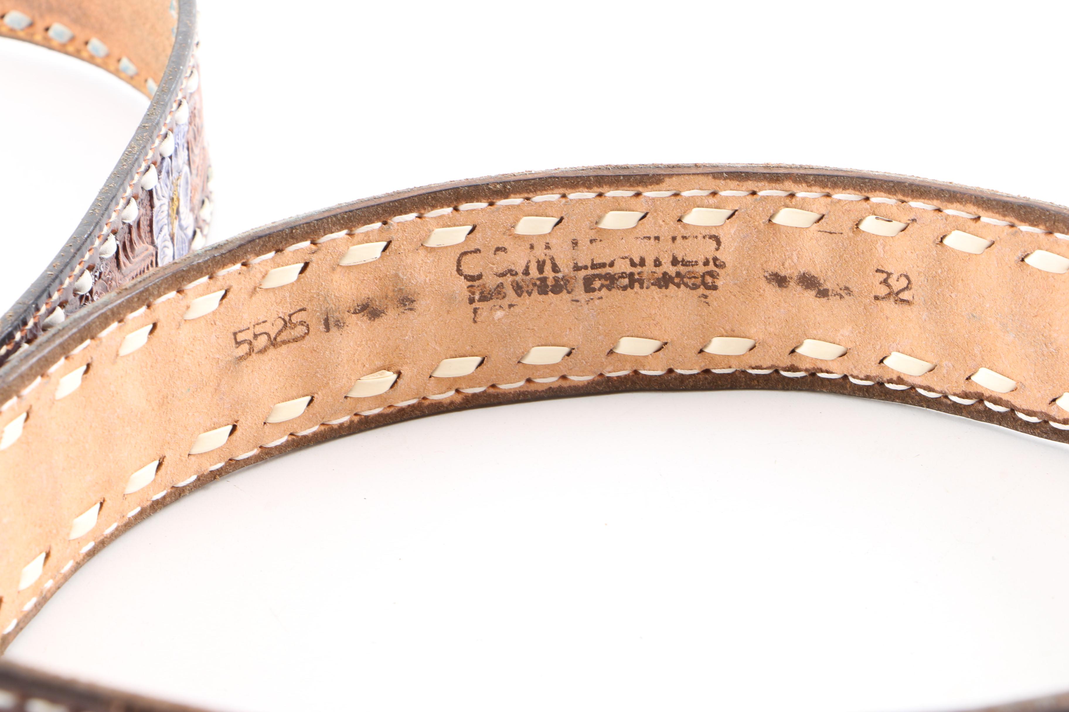 Women's 1970s Vintage Hand Tooled Leather Western Belts with Texas Brass Buckles