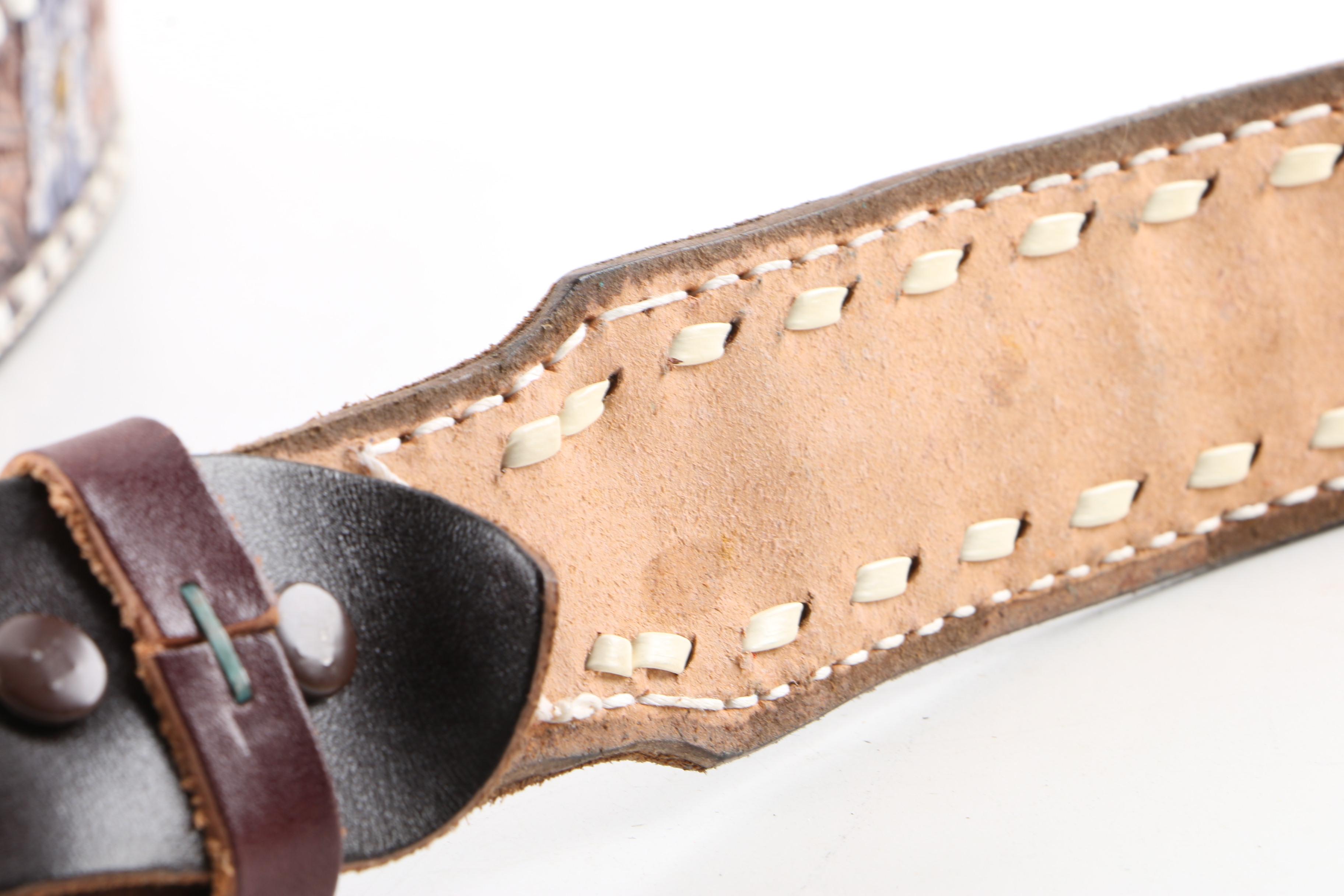 Women's 1970s Vintage Hand Tooled Leather Western Belts with Texas Brass Buckles