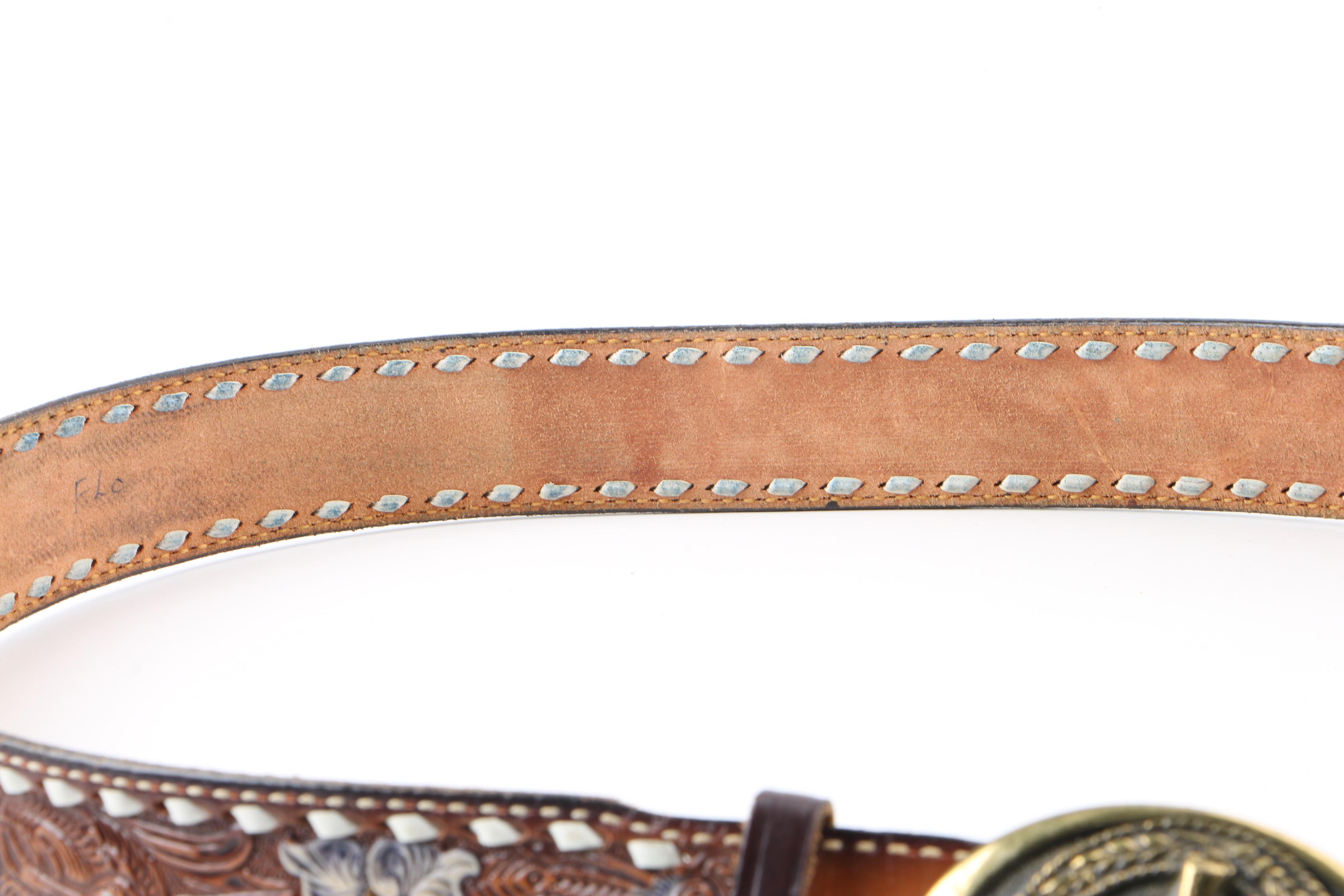 Women's 1970s Vintage Hand Tooled Leather Western Belts with Texas Brass Buckles