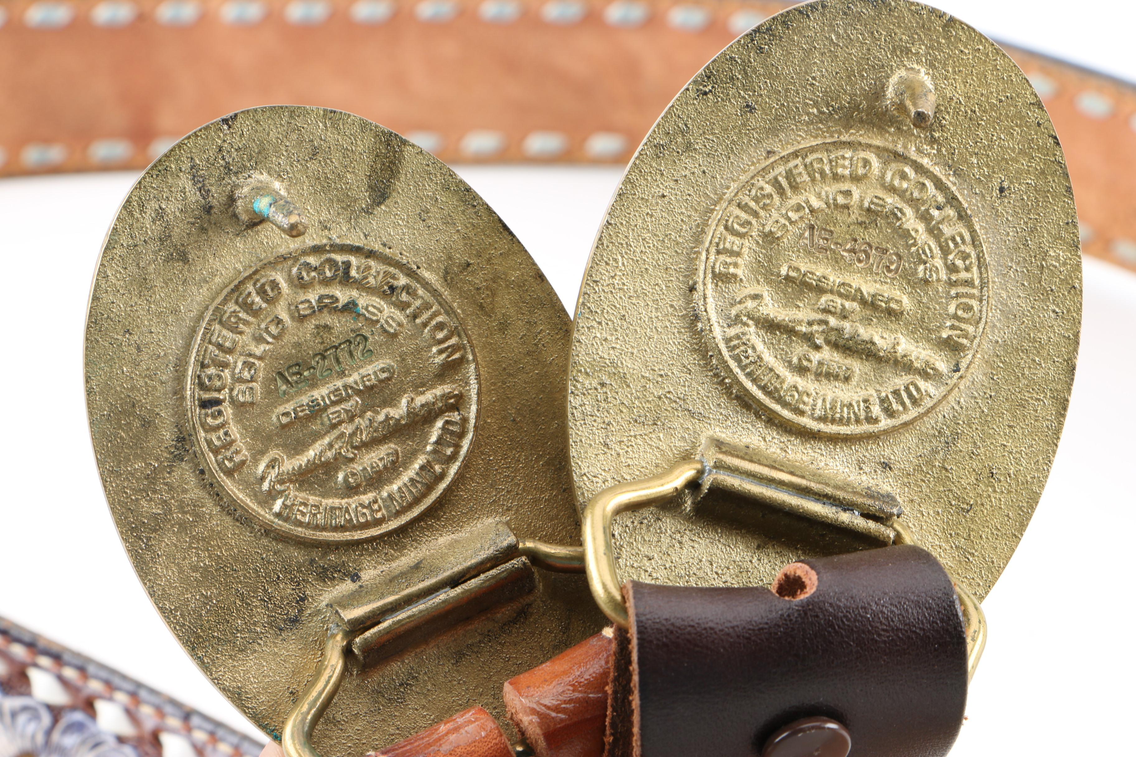 Women's 1970s Vintage Hand Tooled Leather Western Belts with Texas Brass Buckles