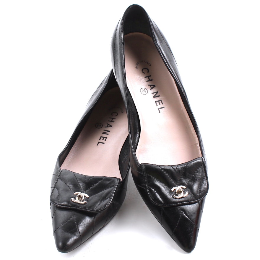 Chanel Black Leather Quilted Point Toe Ballet Flats