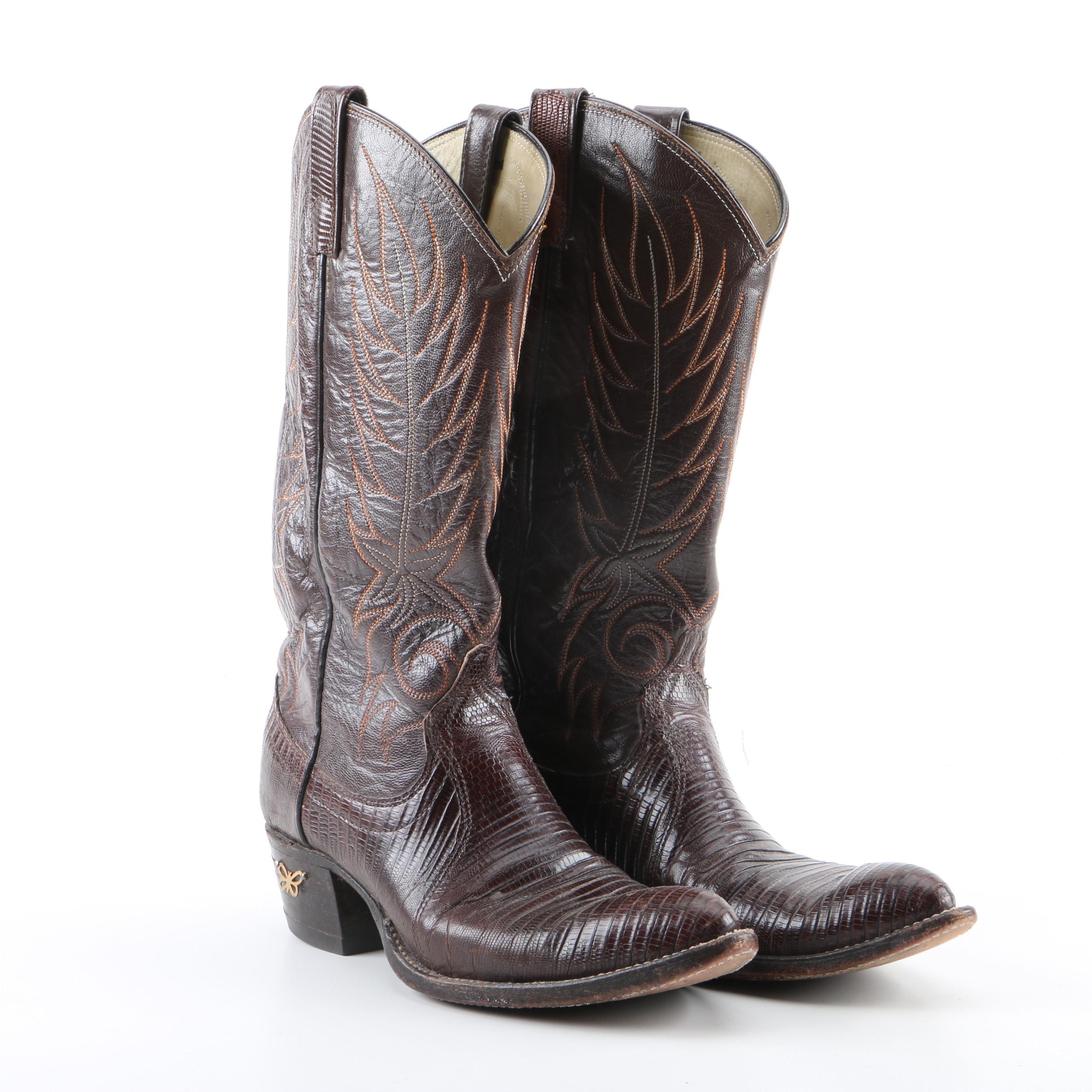 Women's Dan Post Brown Leather and Lizard Skin Western Boots