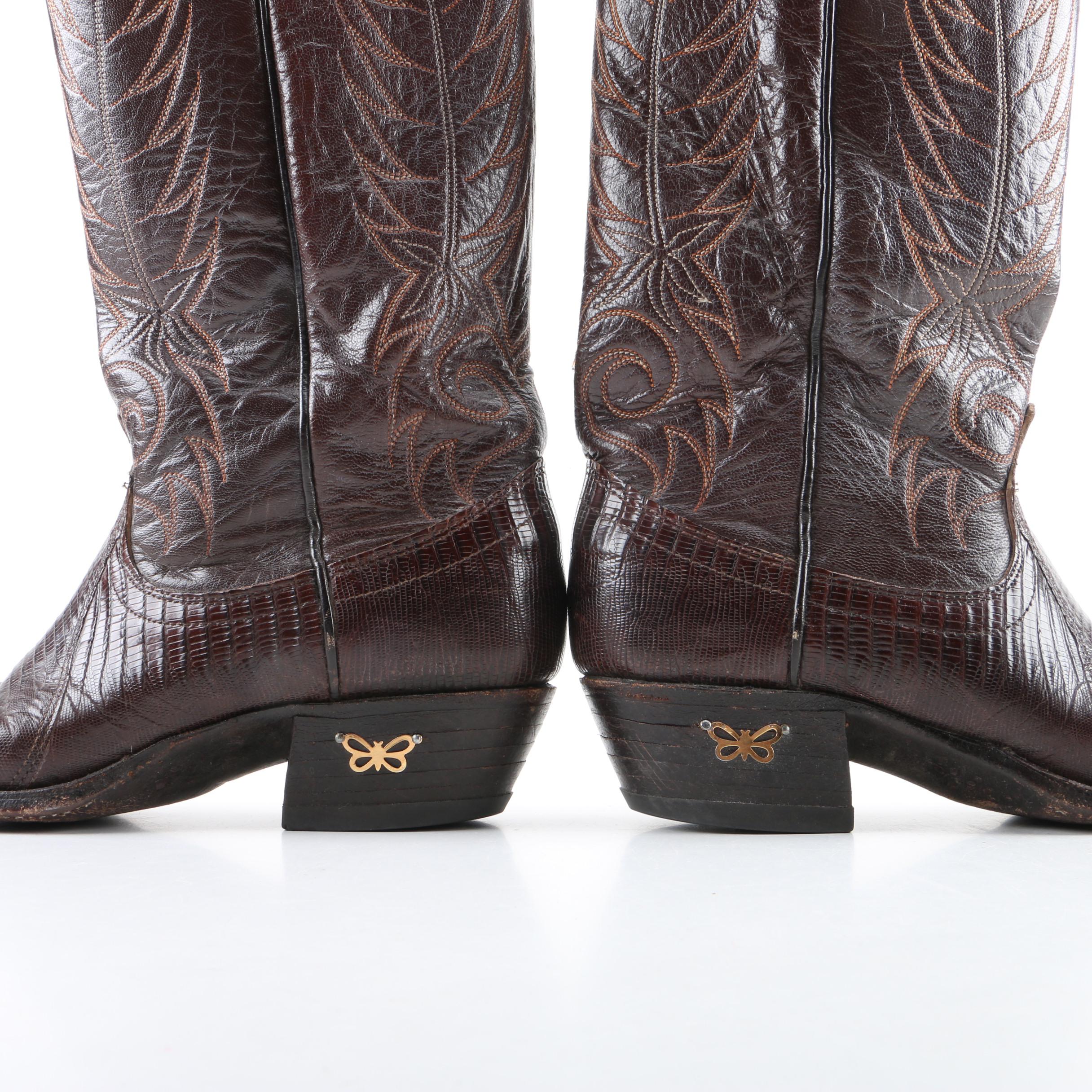 Women's Dan Post Brown Leather and Lizard Skin Western Boots
