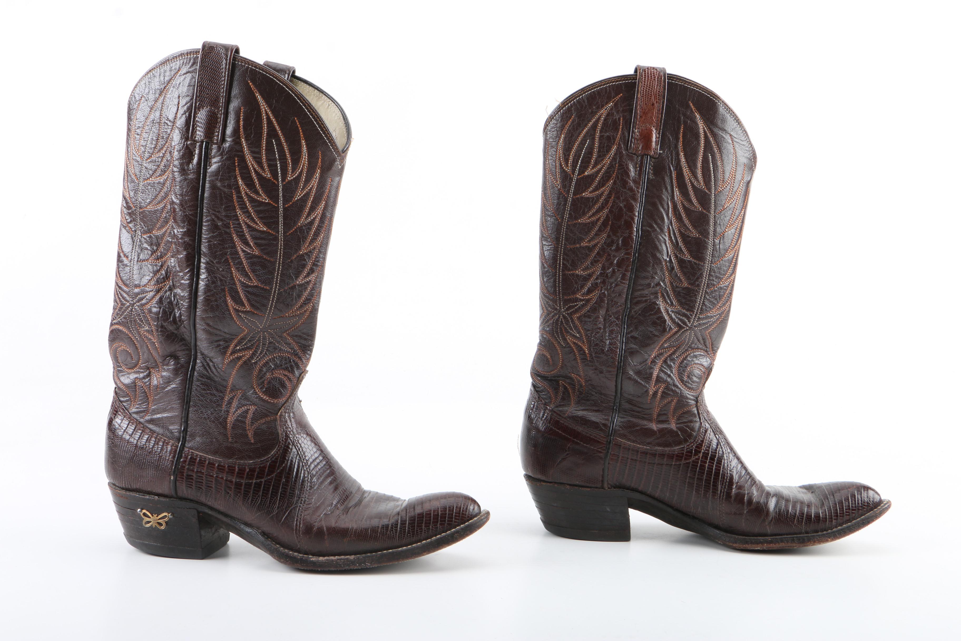 Women's Dan Post Brown Leather and Lizard Skin Western Boots