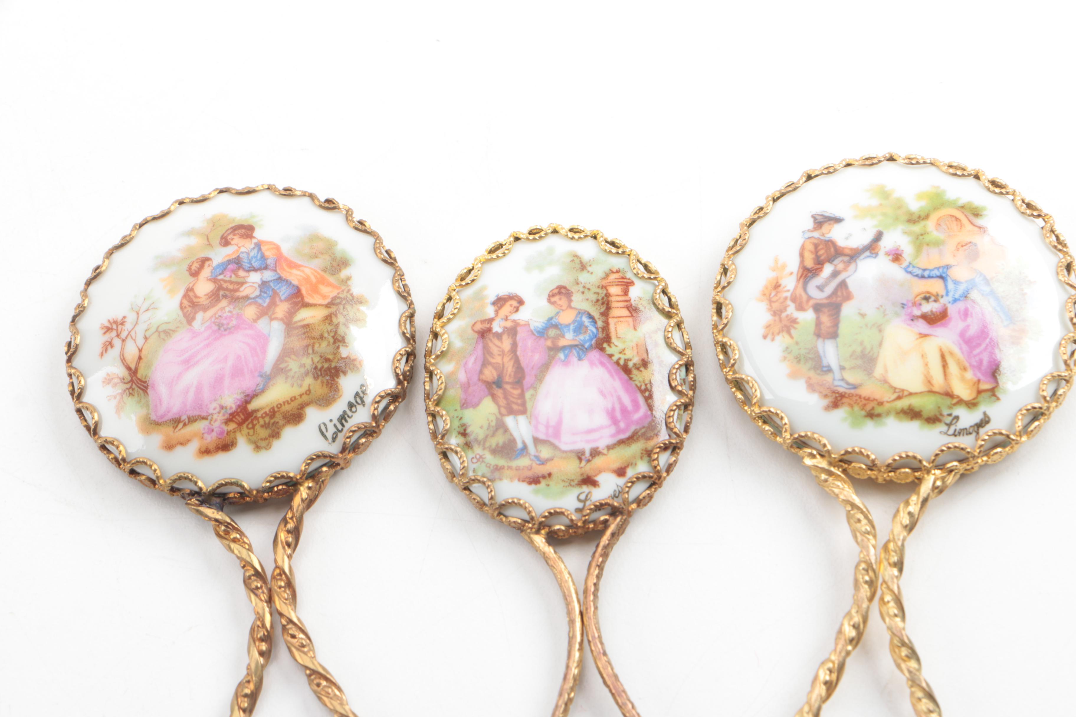 Vintage Limoges Porcelain and Metal Hand Mirrors after Fragonard