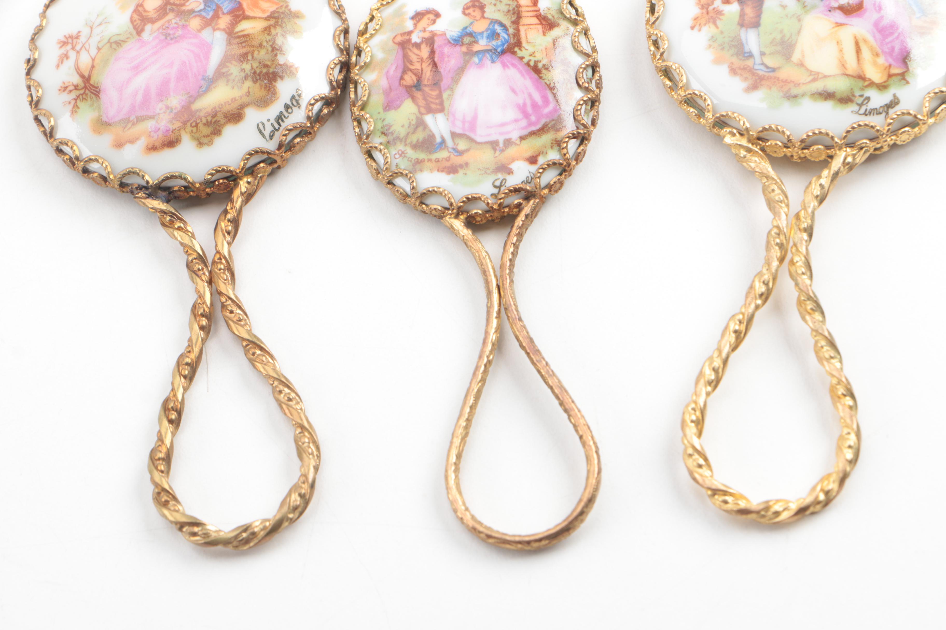 Vintage Limoges Porcelain and Metal Hand Mirrors after Fragonard
