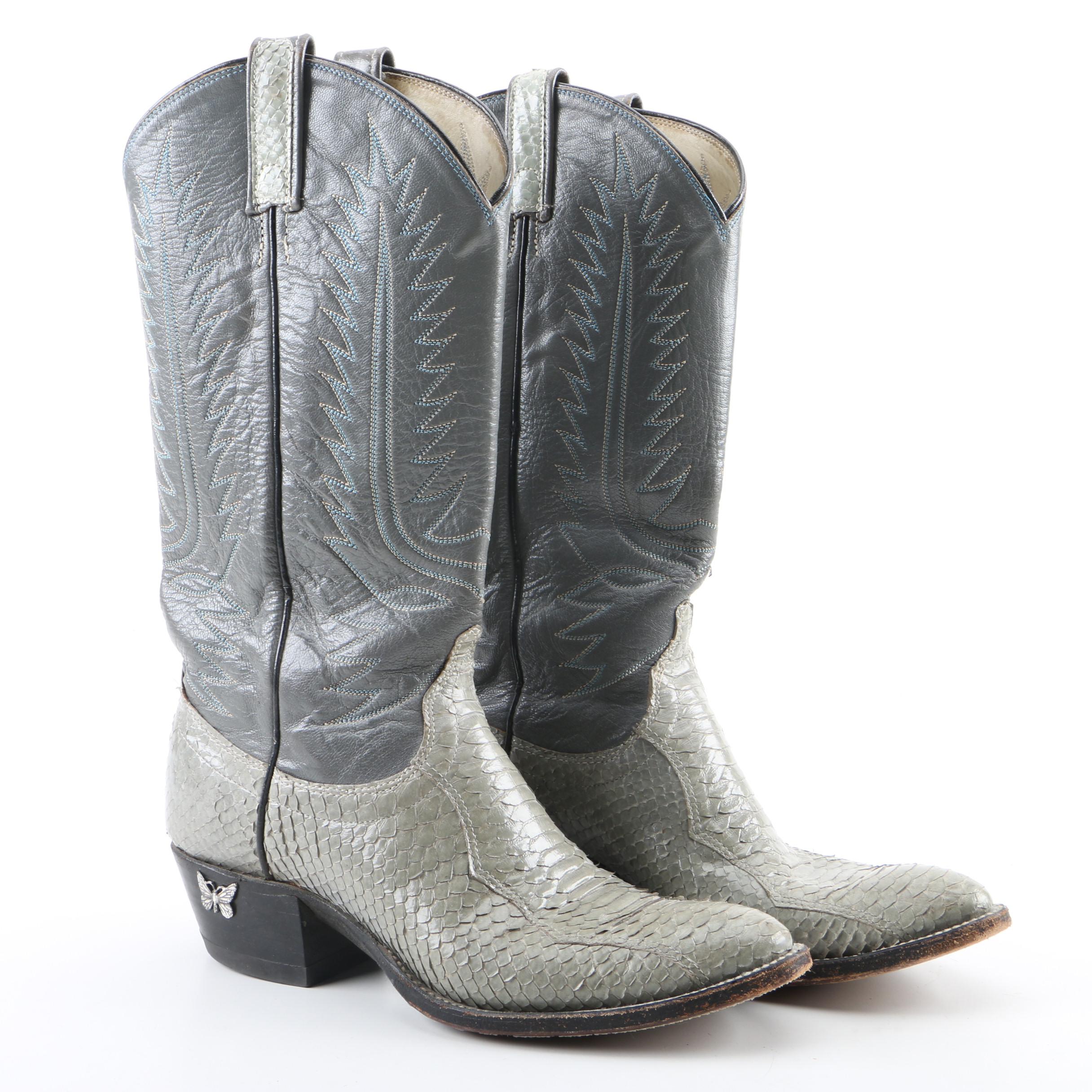 Women's Vintage Dan Post Grey Snakeskin and Leather Western Boots