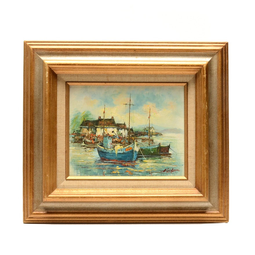 Signed Oil Painting on Academy Board of Harbor Scene