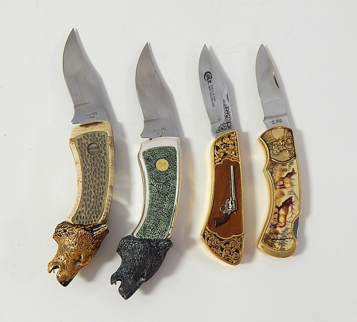 Franklin Mint Collectors Knives with Timber Wolf, Colt Revolver, Moose