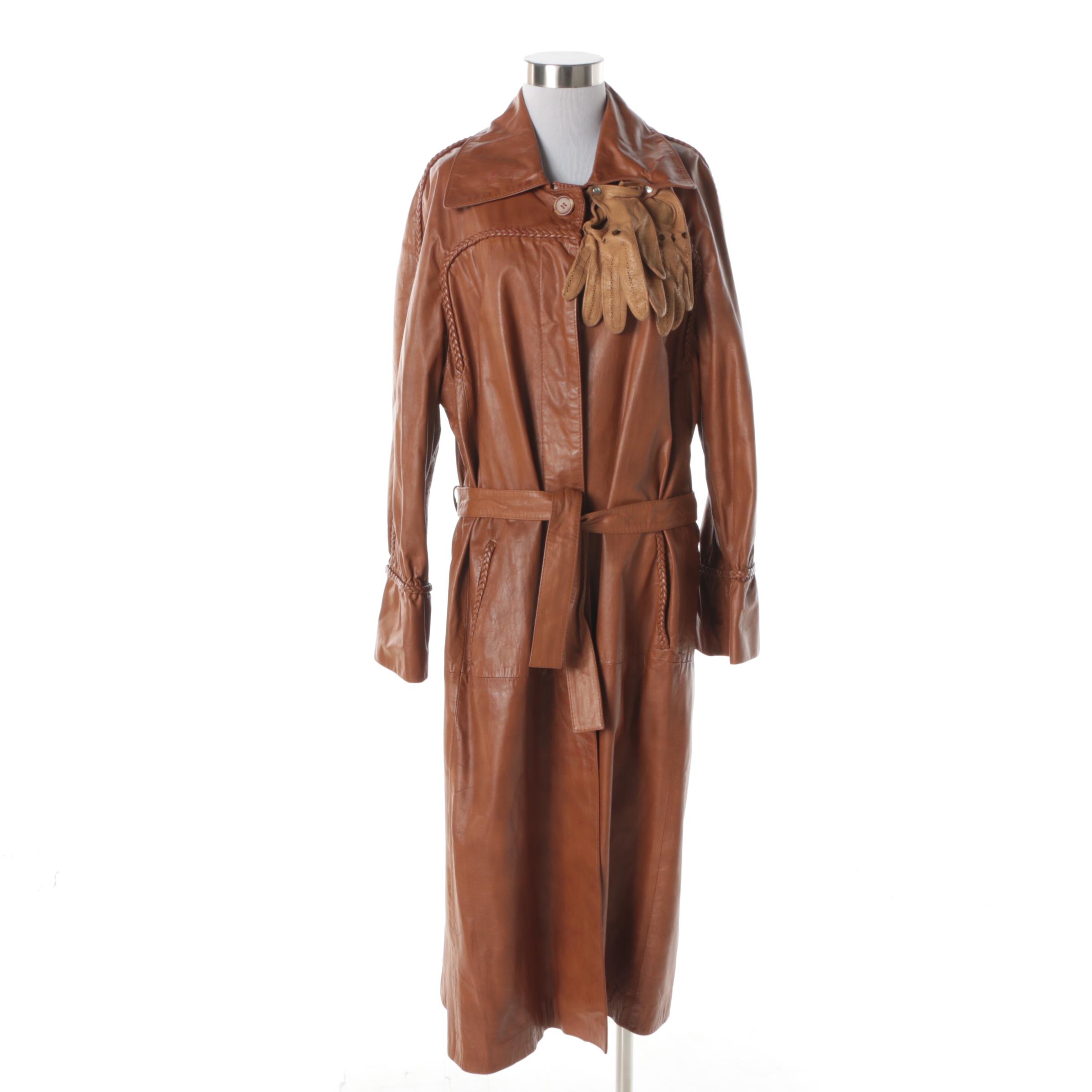Women's Vintage Imperial Cognac Leather Coat with Tan Leather Driving Gloves