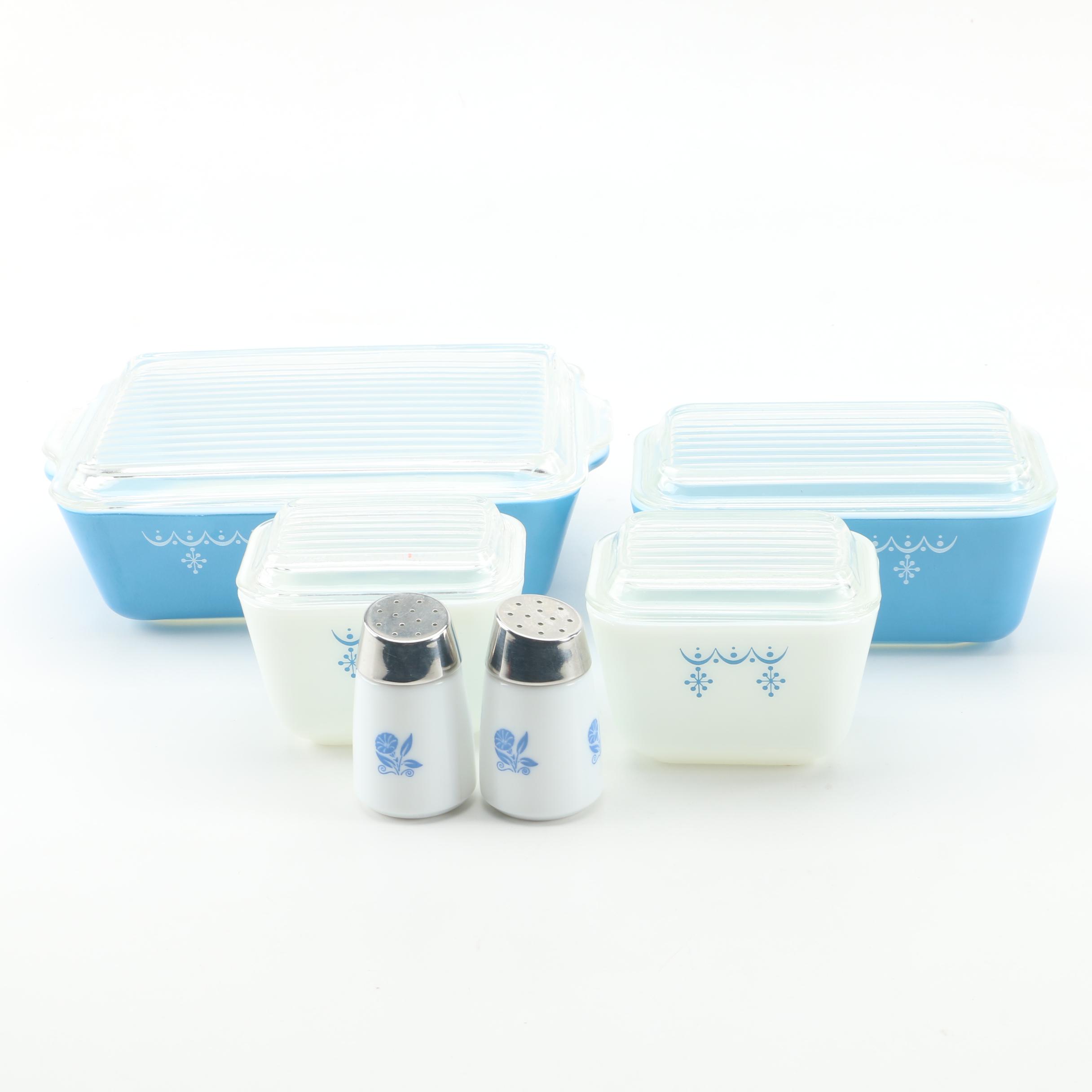 Vintage Pyrex "Snowflake Blue" Refrigerator Jars Circa 1972-1975