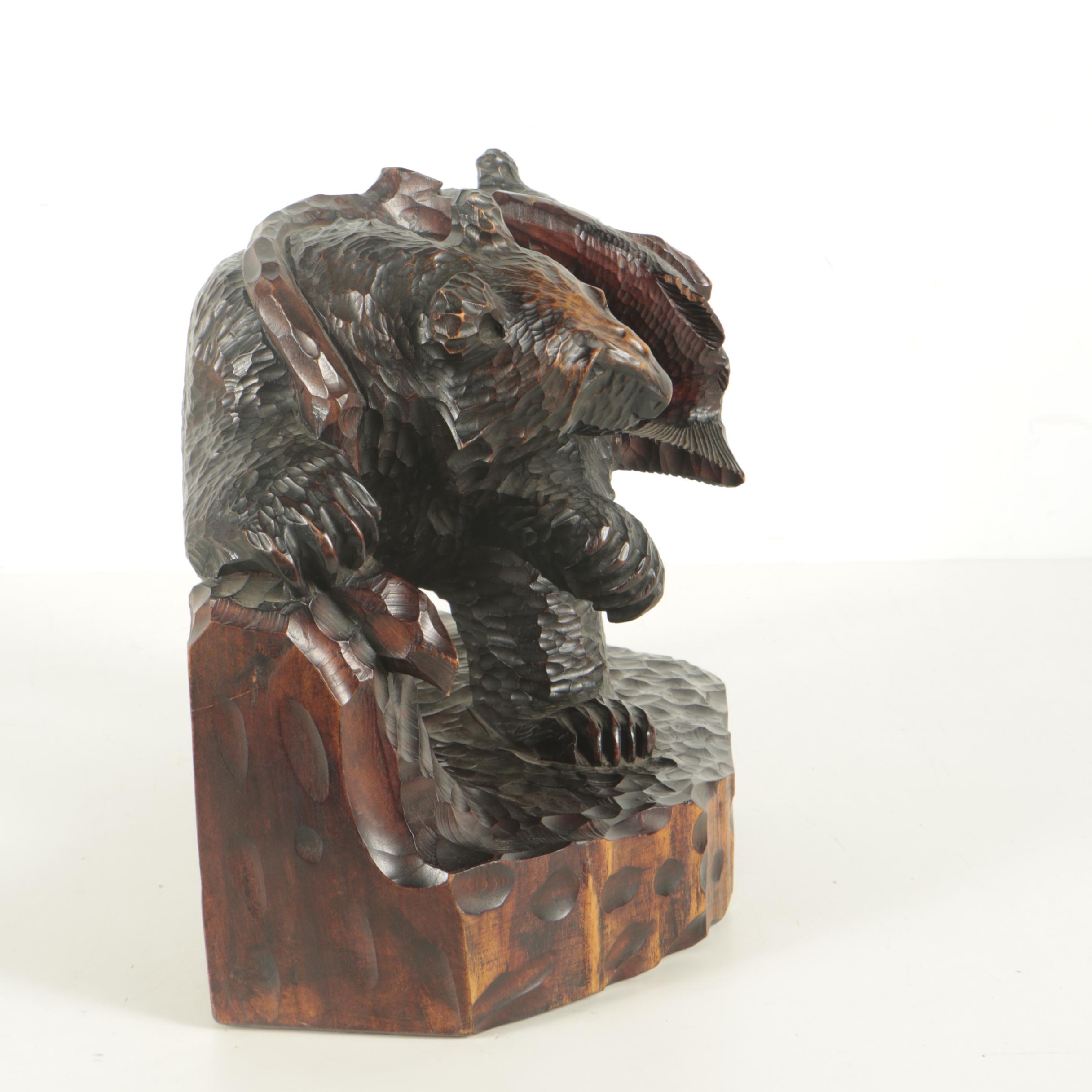 Japanese Wood Sculpture of Bears with Fish