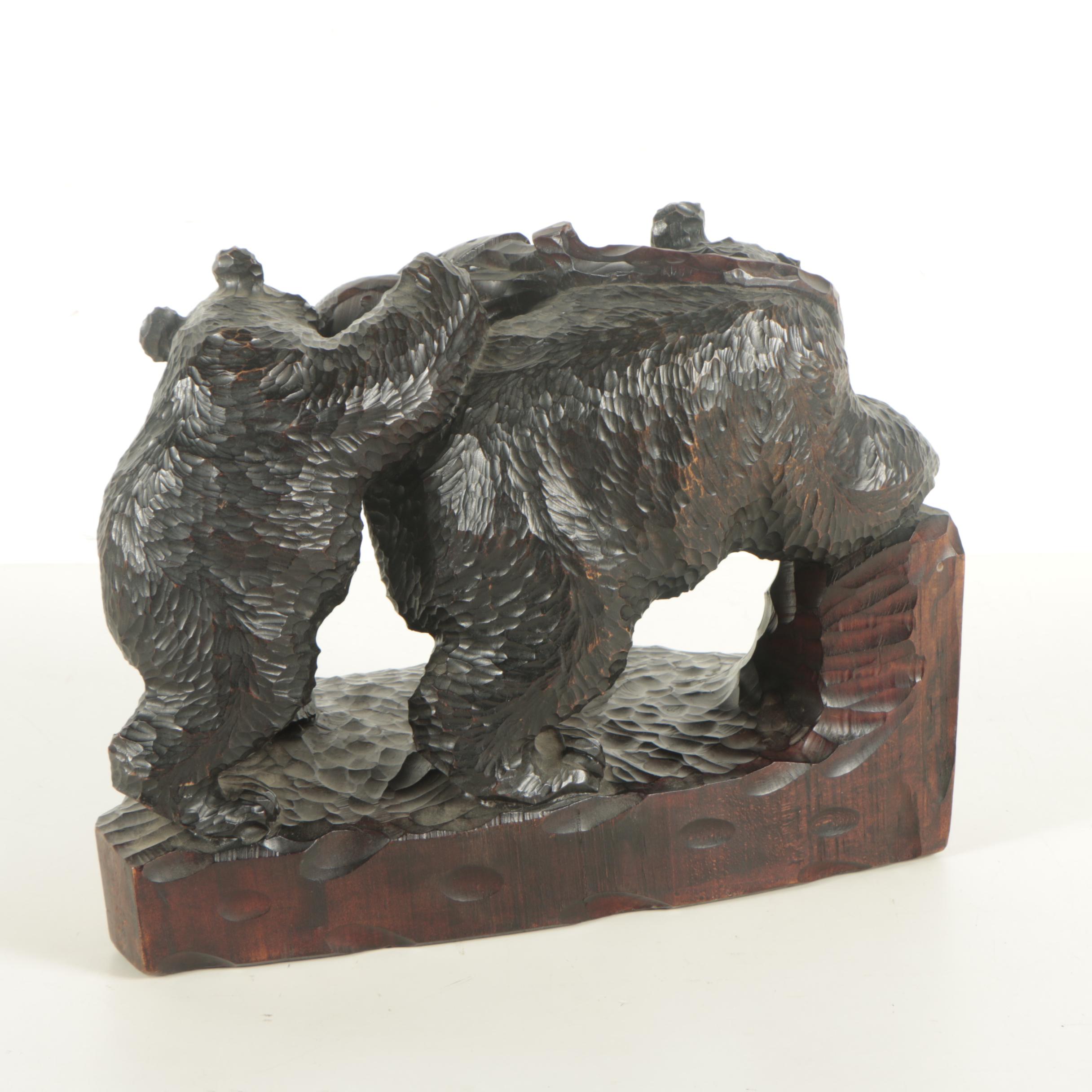 Japanese Wood Sculpture of Bears with Fish