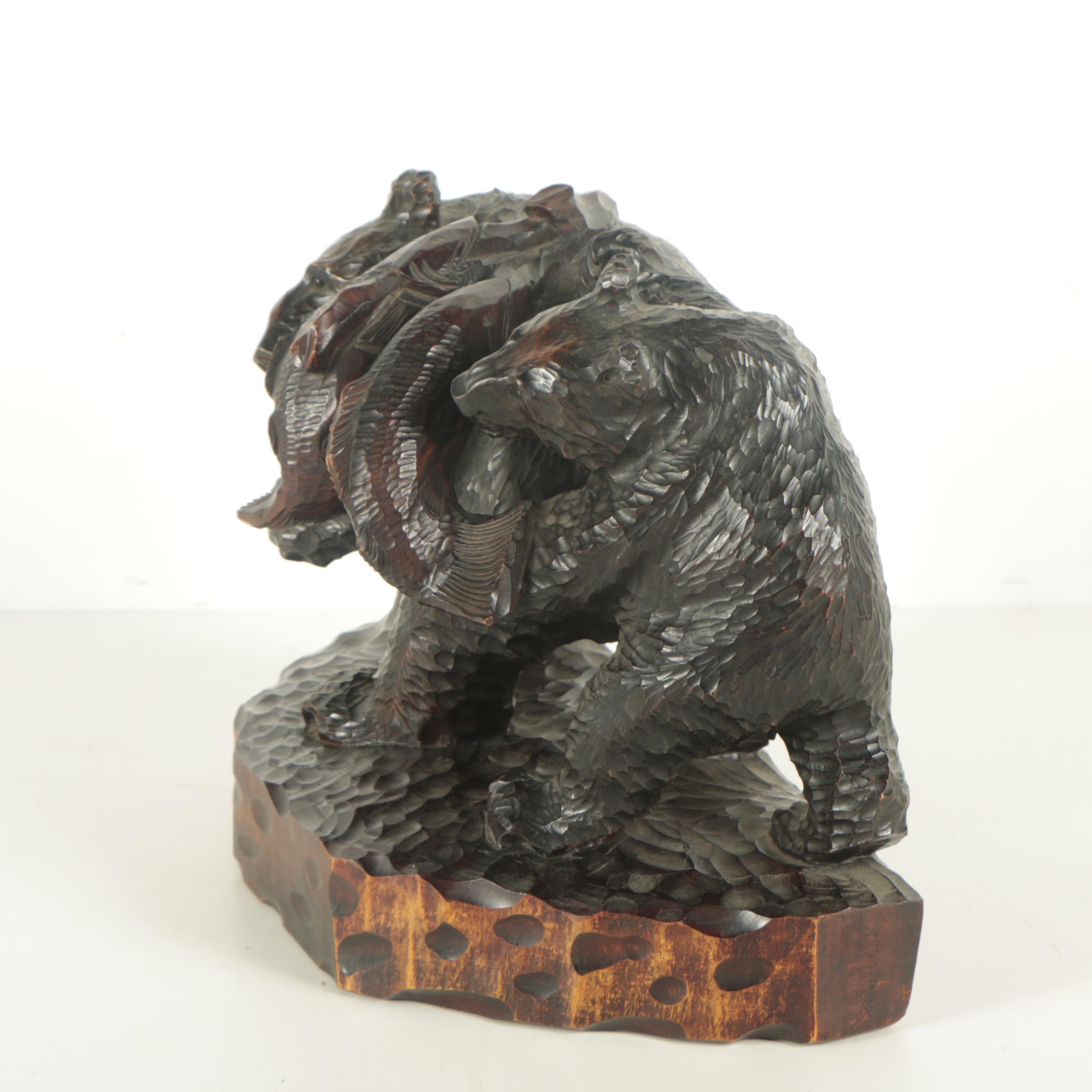 Japanese Wood Sculpture of Bears with Fish