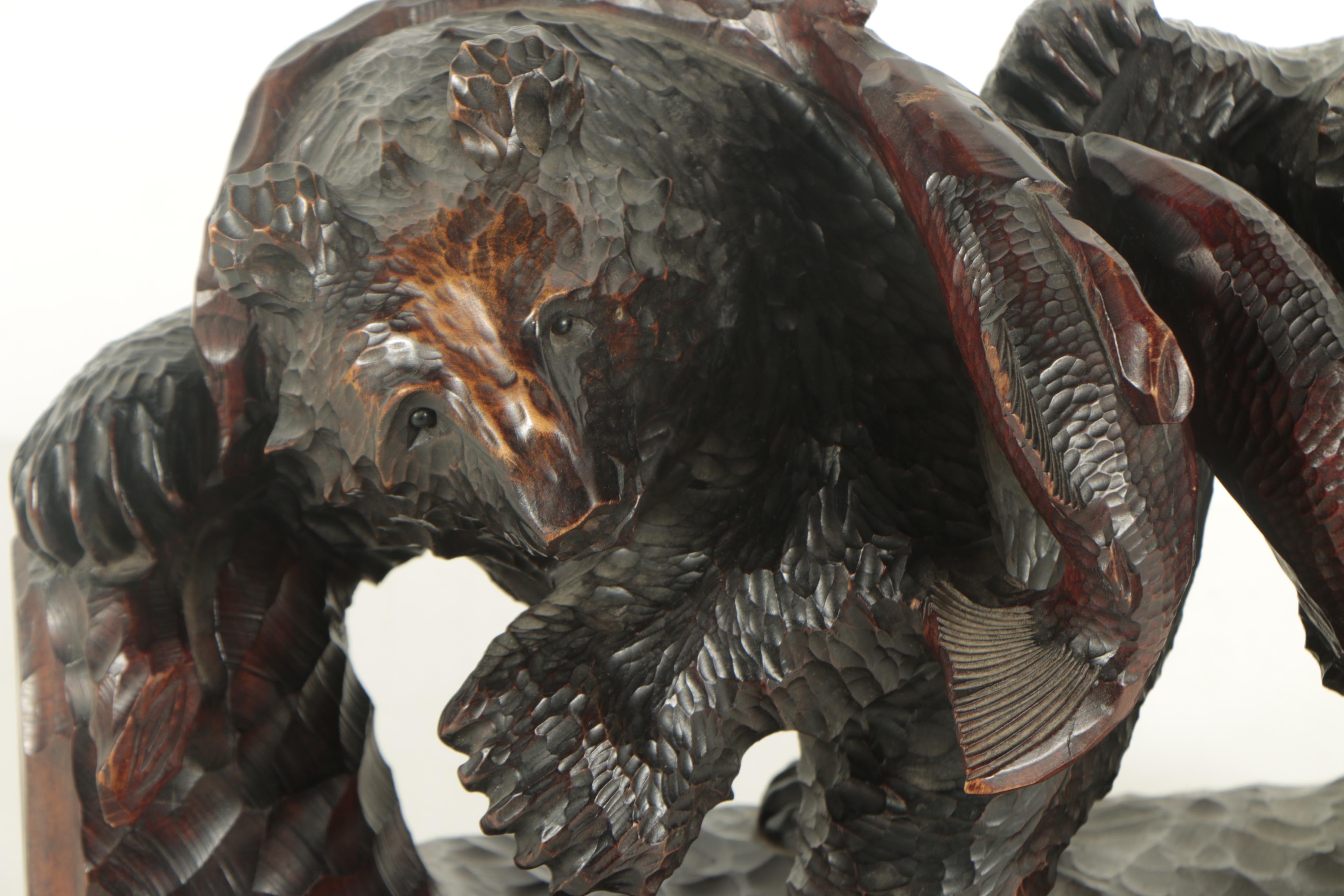 Japanese Wood Sculpture of Bears with Fish