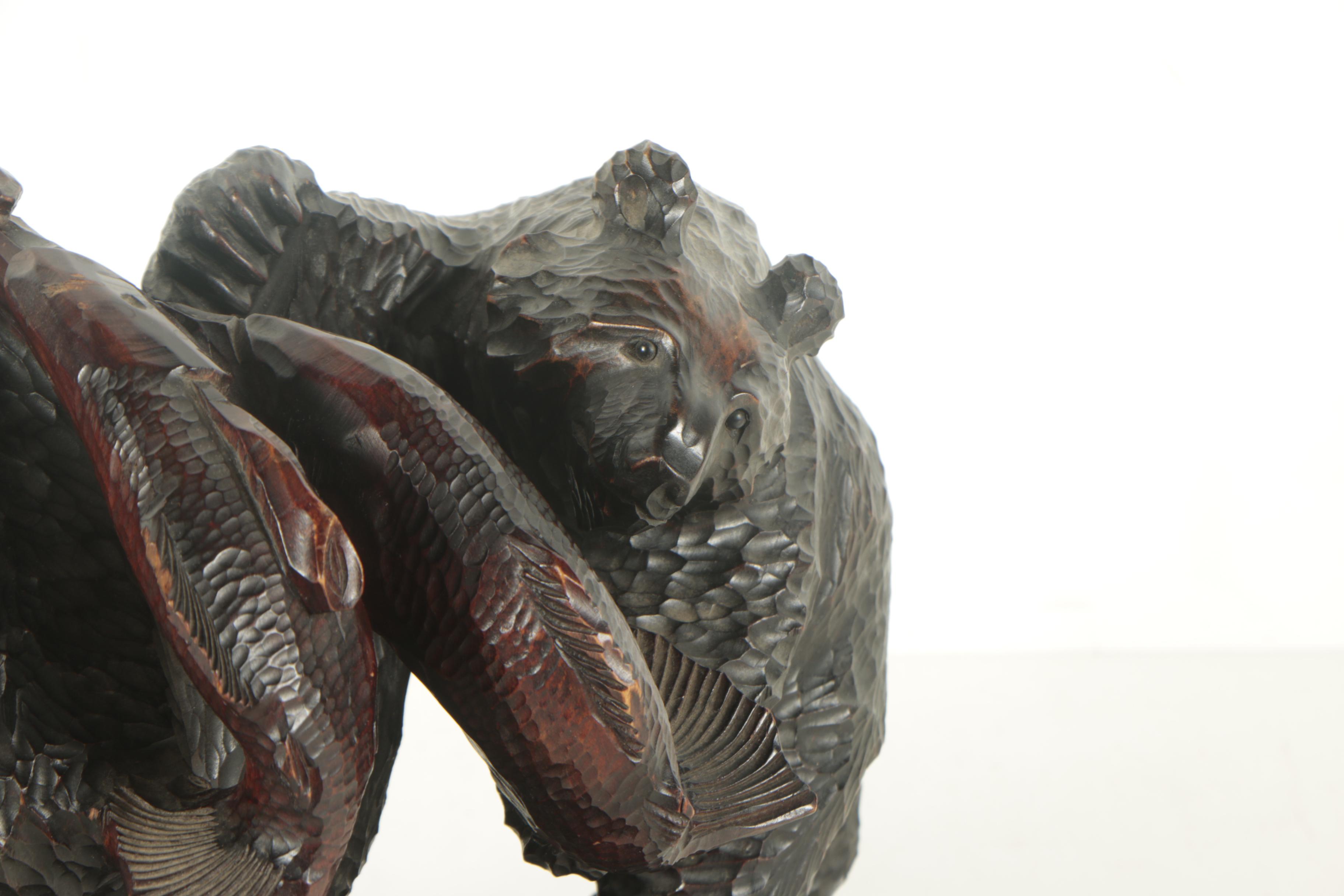 Japanese Wood Sculpture of Bears with Fish