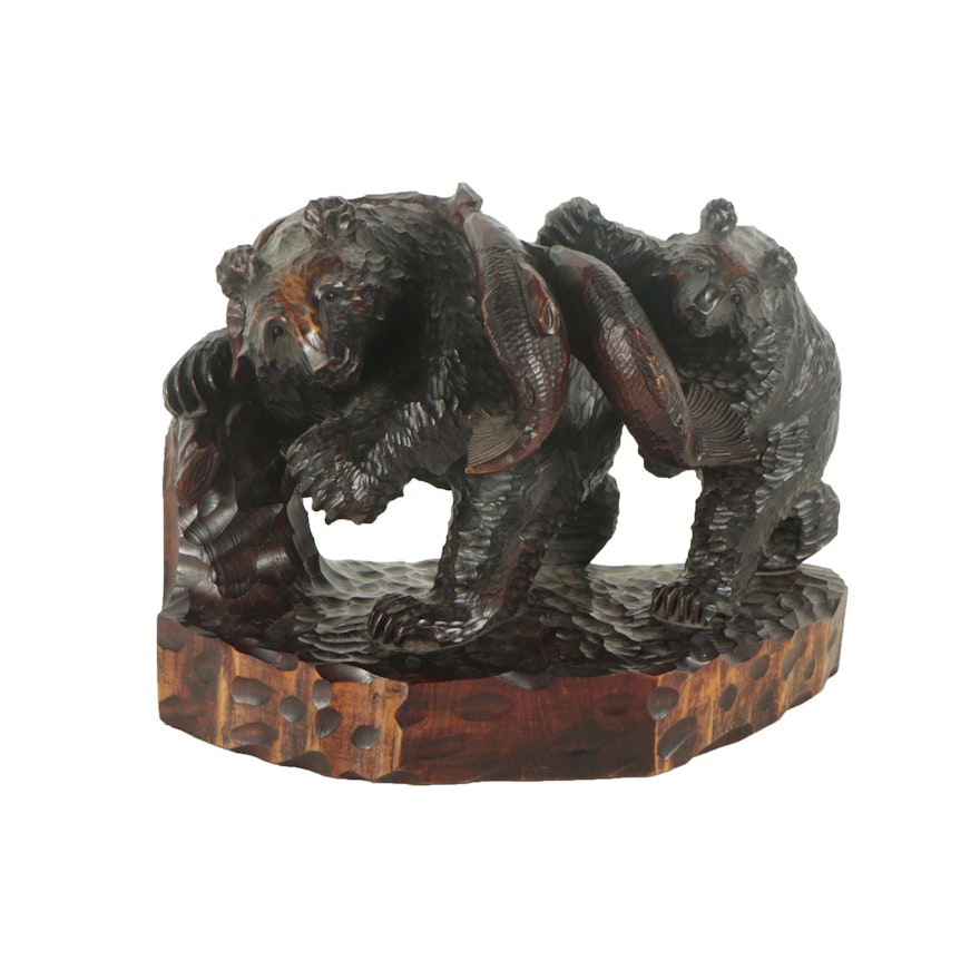 Japanese Wood Sculpture of Bears with Fish