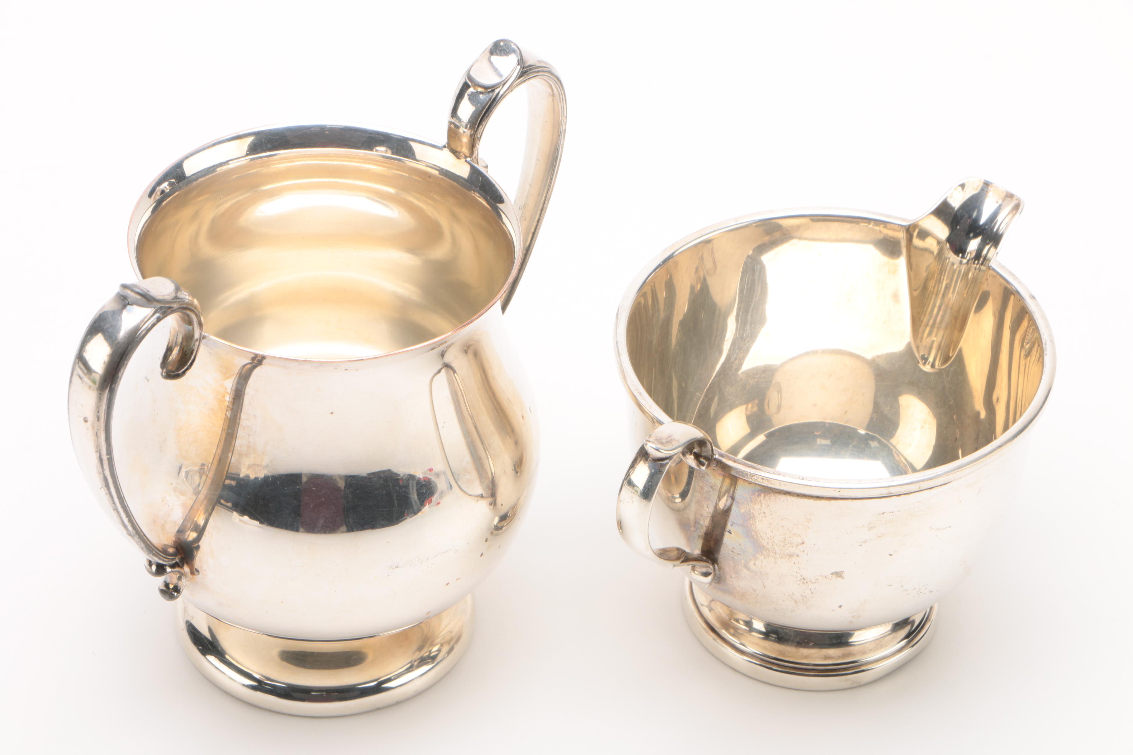 Sterling Creamer, Snuffer, and Spoons with Silver Plate Sugar Bowl