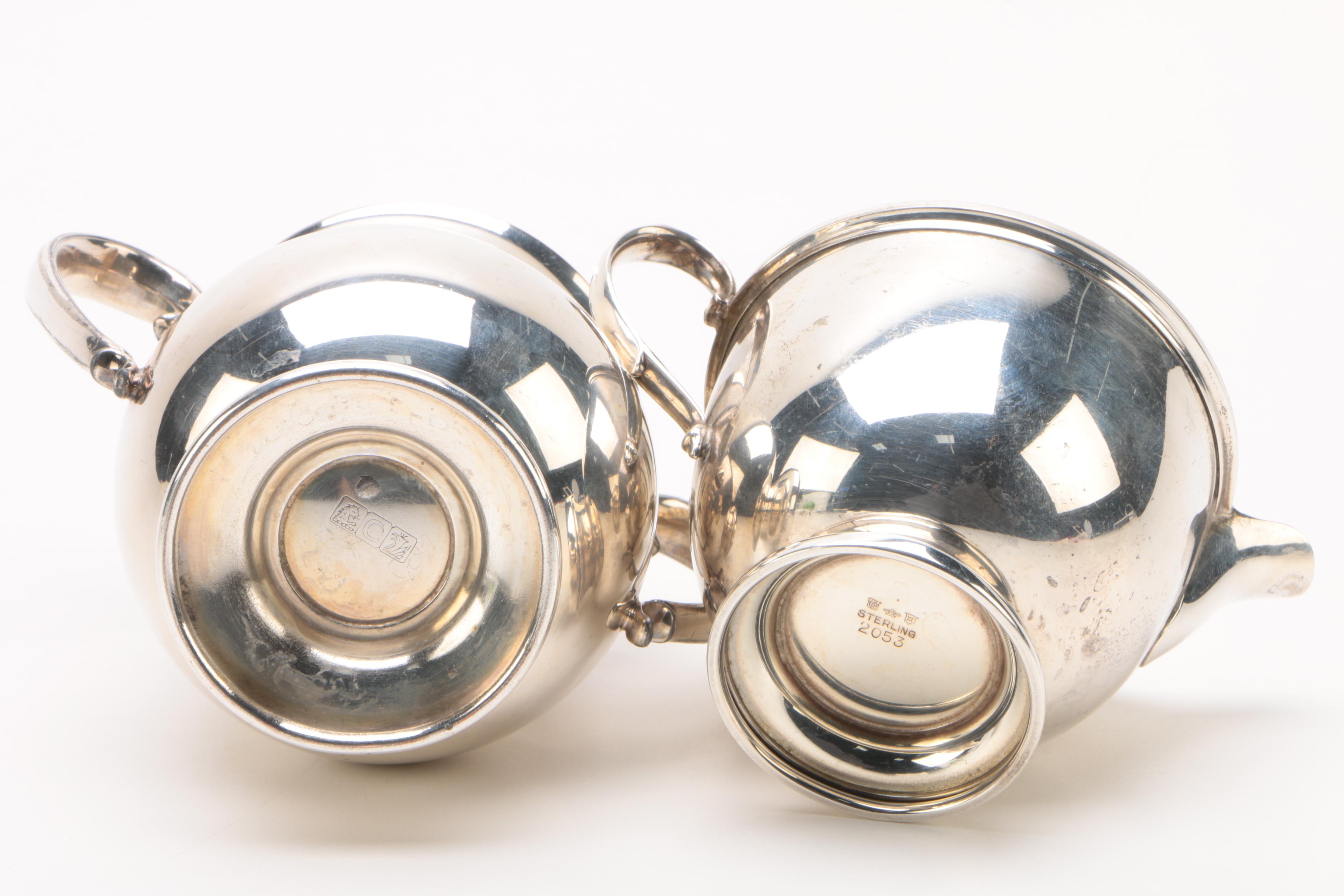 Sterling Creamer, Snuffer, and Spoons with Silver Plate Sugar Bowl