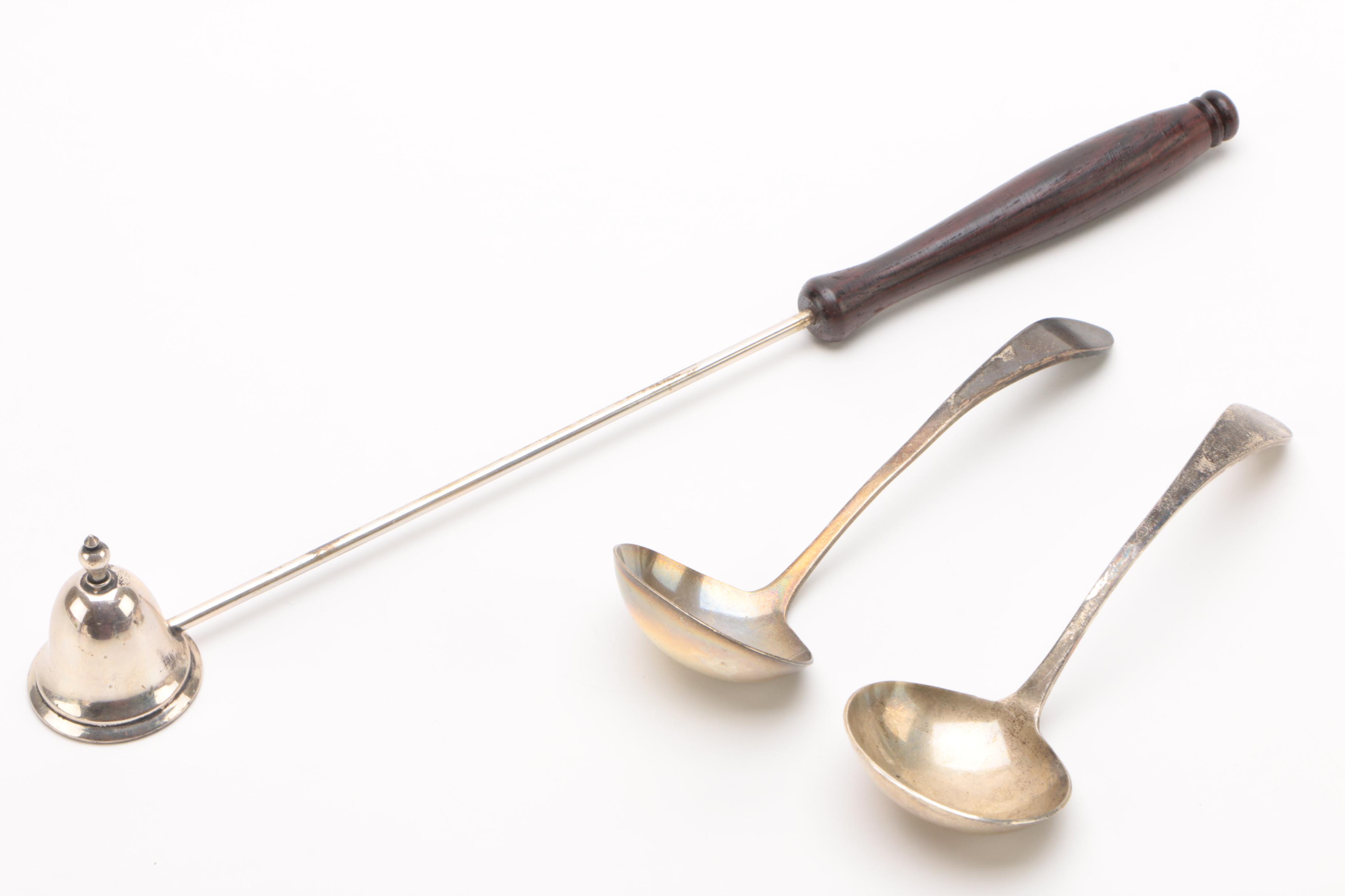 Sterling Creamer, Snuffer, and Spoons with Silver Plate Sugar Bowl