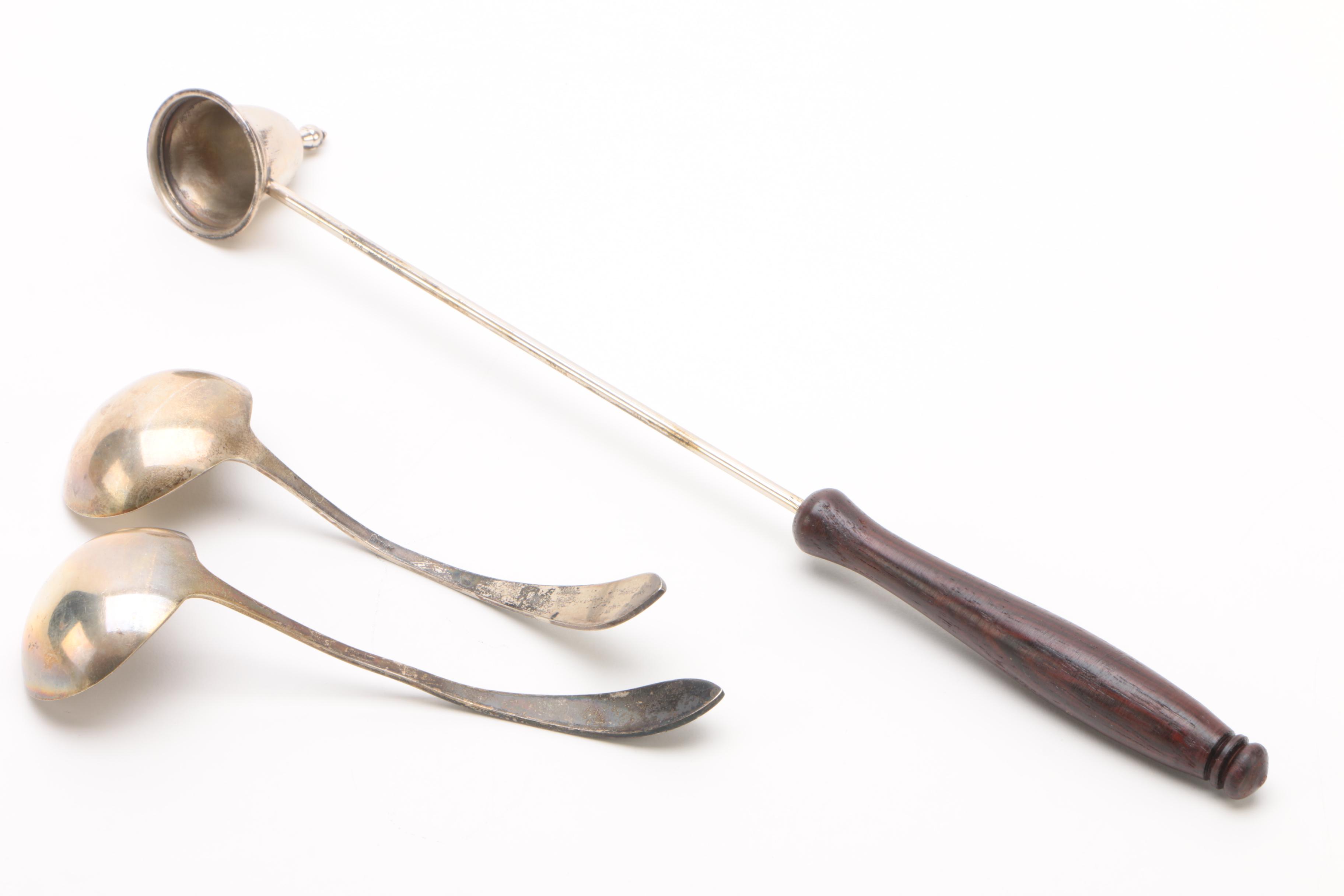 Sterling Creamer, Snuffer, and Spoons with Silver Plate Sugar Bowl
