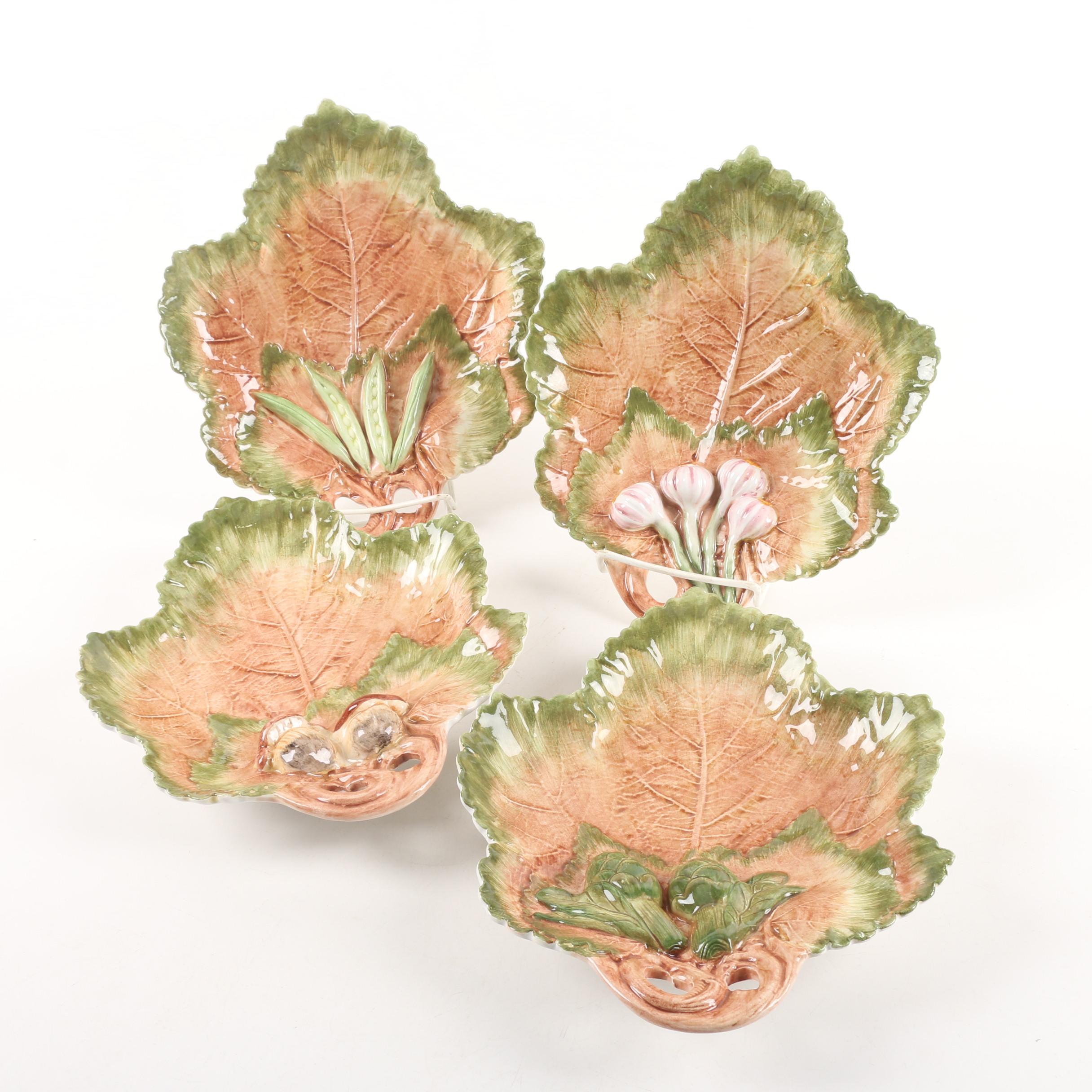Droll Design Majolica Italian Leaf-Shaped Ceramic Plates