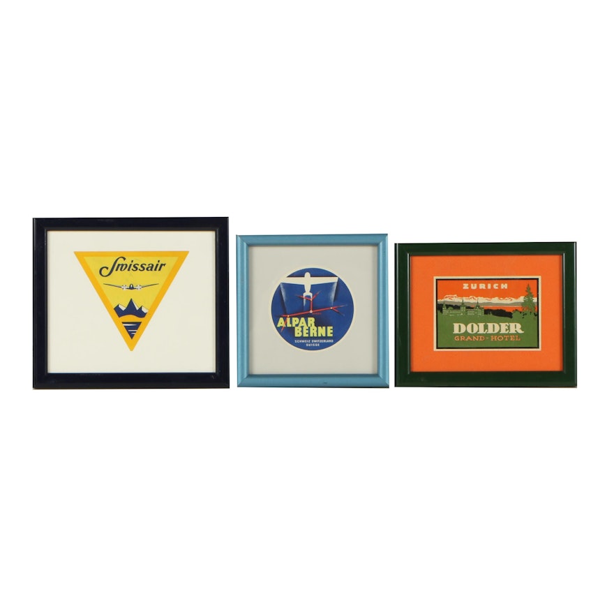 Vintage Framed Swiss Airline and Hotel Luggage Tags