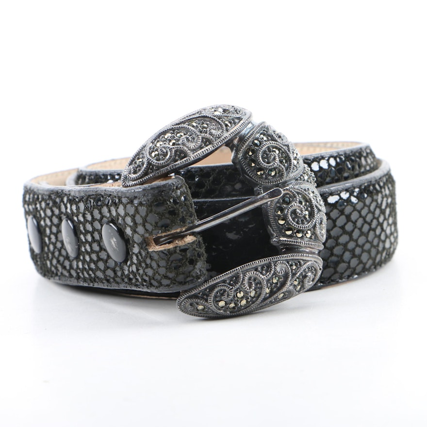 Judith Jack Embossed Black Leather Belt with Sterling and Marcasite Buckle