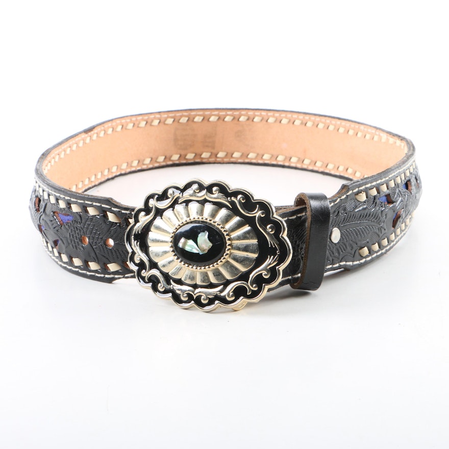 Women's Black Tooled Leather Belt with Abalone Accented Buckle