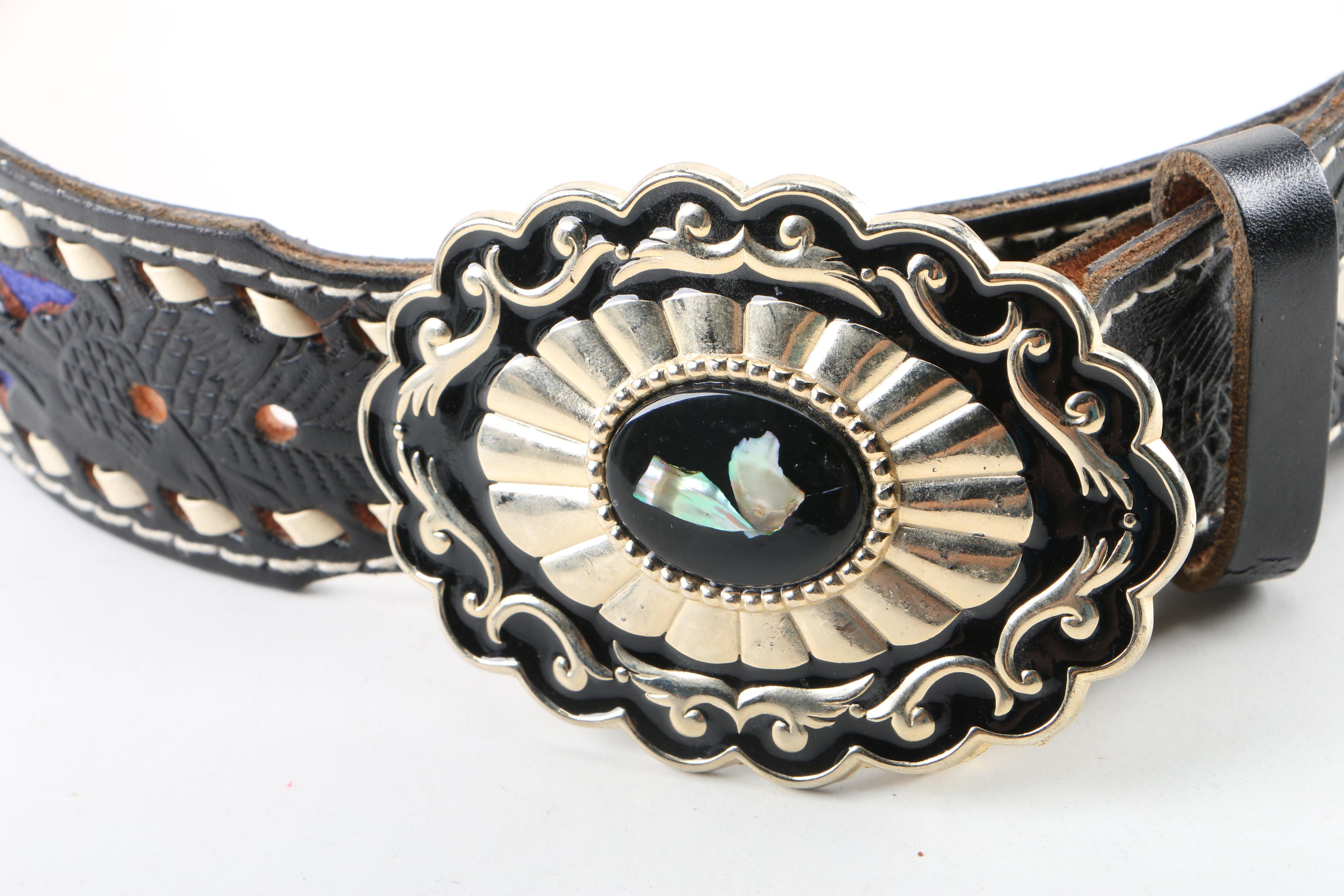 Women's Black Tooled Leather Belt with Abalone Accented Buckle