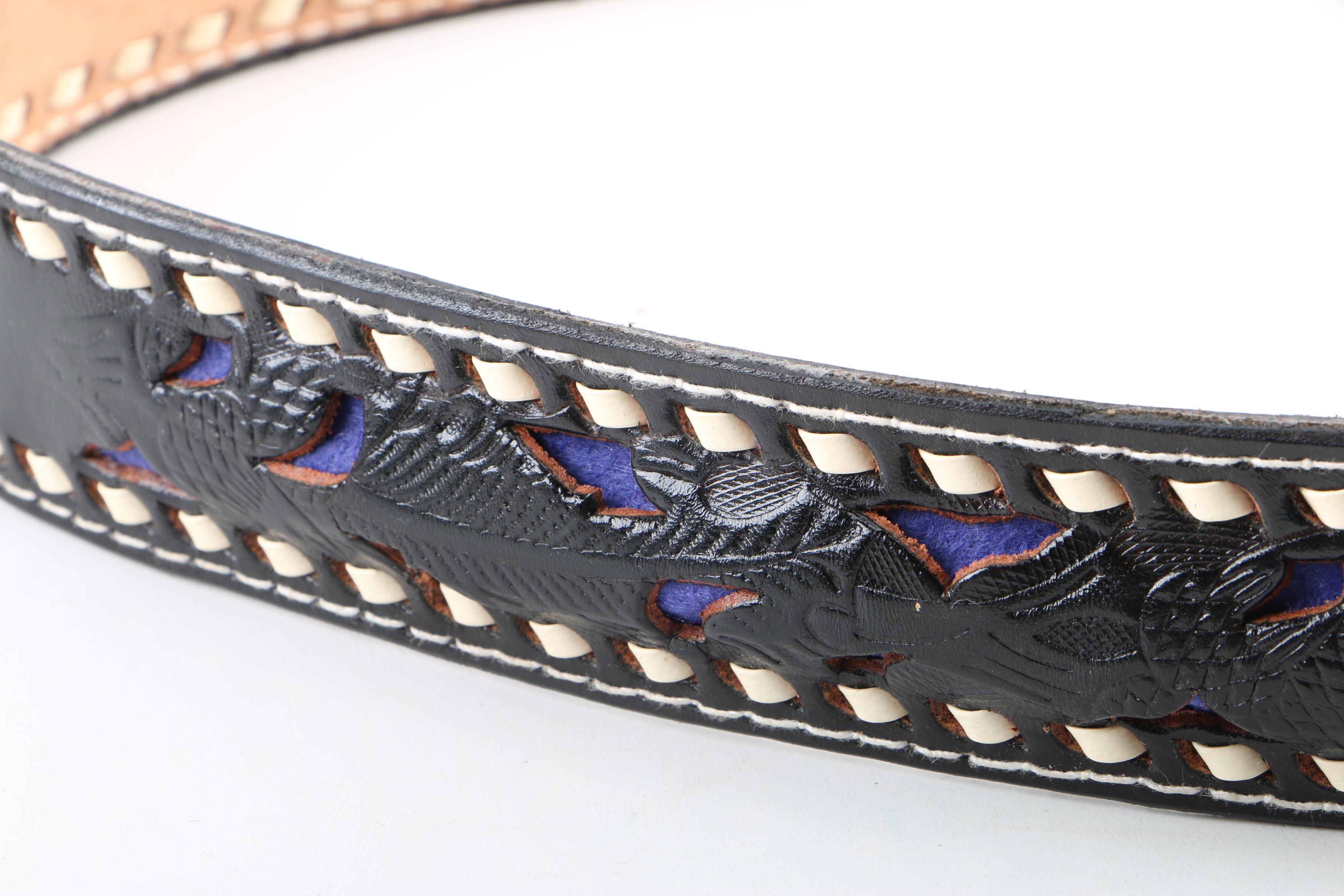 Women's Black Tooled Leather Belt with Abalone Accented Buckle