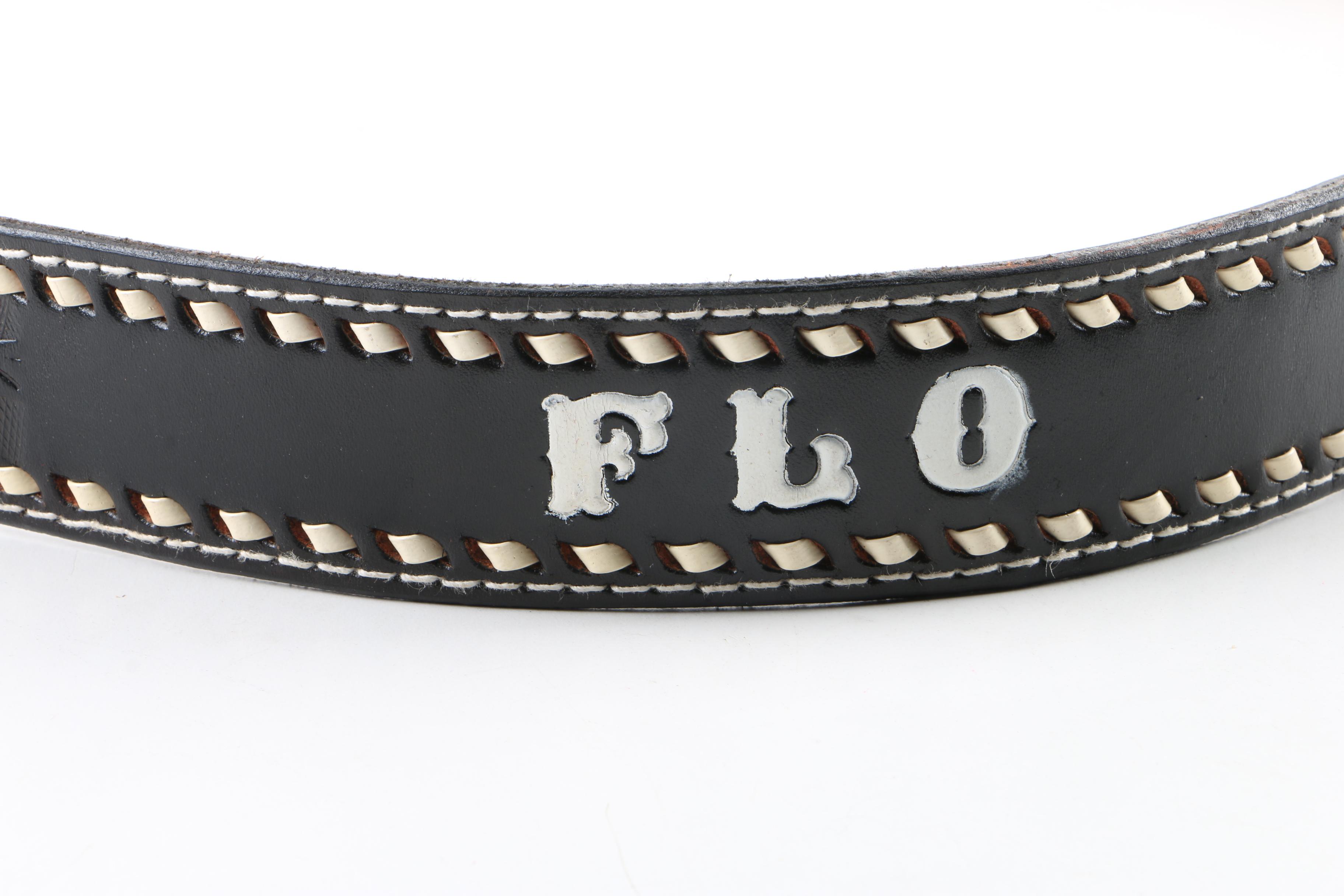 Women's Black Tooled Leather Belt with Abalone Accented Buckle