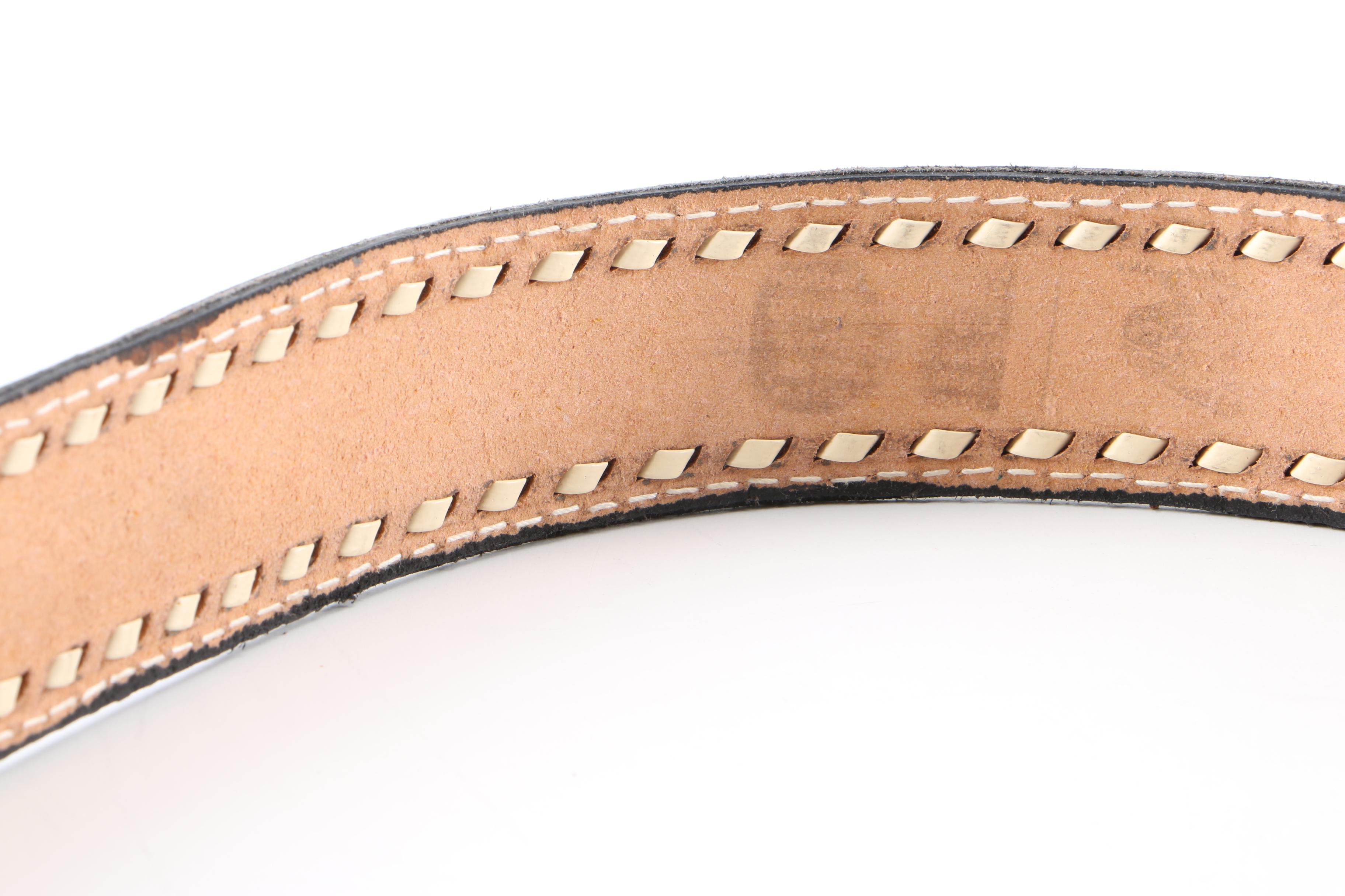 Women's Black Tooled Leather Belt with Abalone Accented Buckle