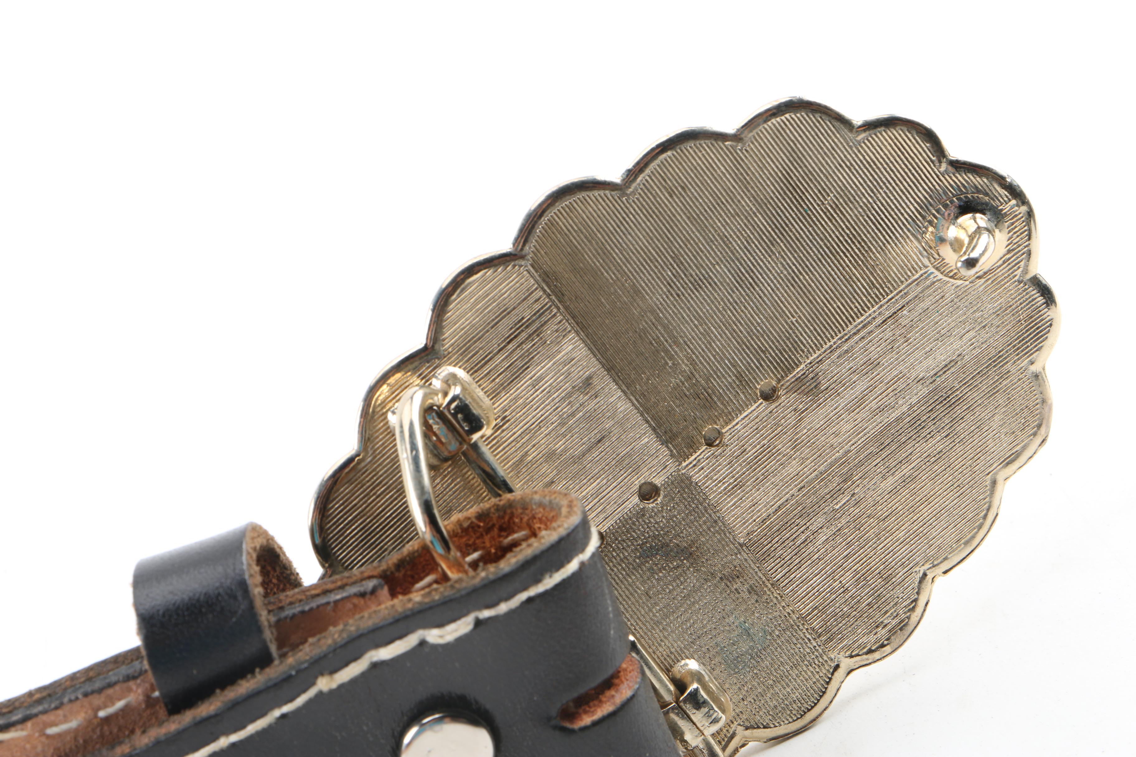 Women's Black Tooled Leather Belt with Abalone Accented Buckle