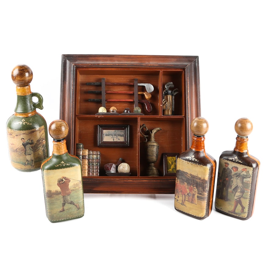 Fausto Corduri Leather Covered Decanters and Golf Shadowbox