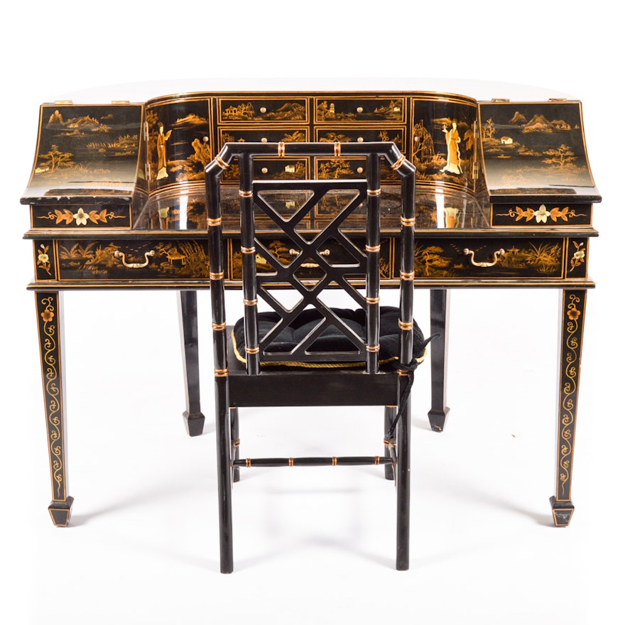 Chinoiserie Decorated Carlton House Desk and Faux Bamboo Chair