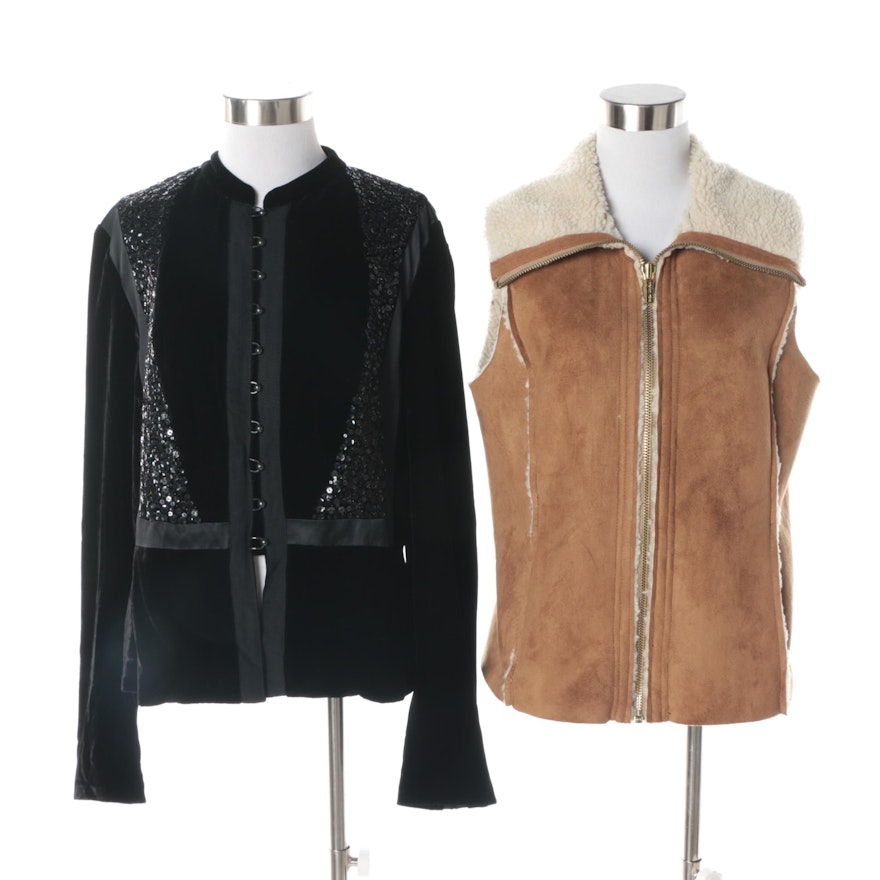 Women's MICHAEL Michael Kors Faux Shearling Vest and Calvin Klein Sequin Jacket