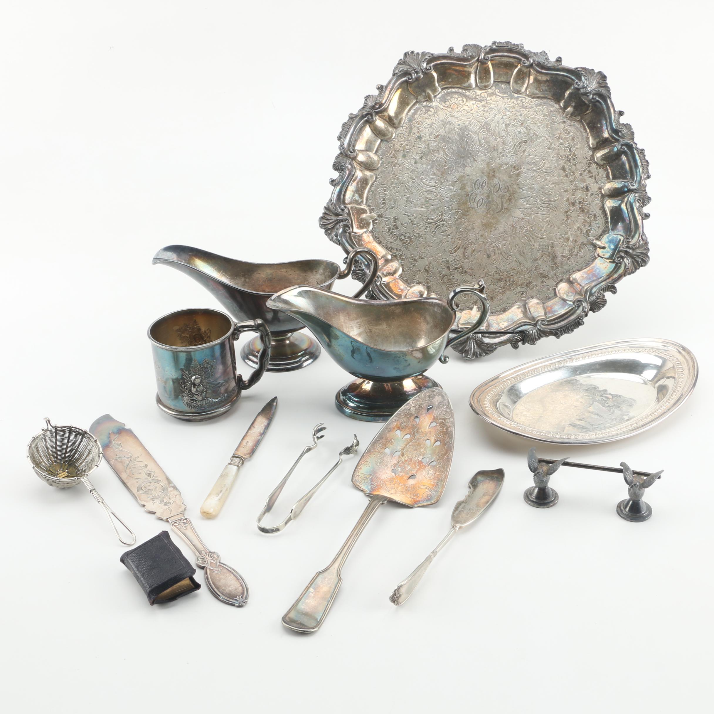 Birmingham Silver Co. Tray with Other Silver Plate Tableware and Miniature Bible