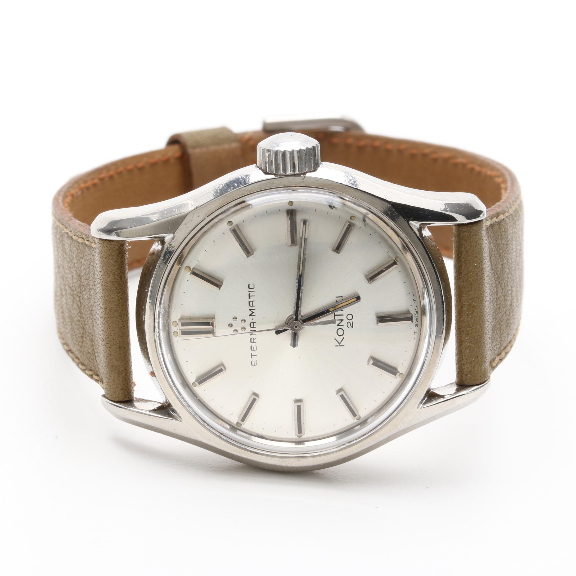 Circa 1958 Eterna Stainless Steel Watch with Green Leather Strap