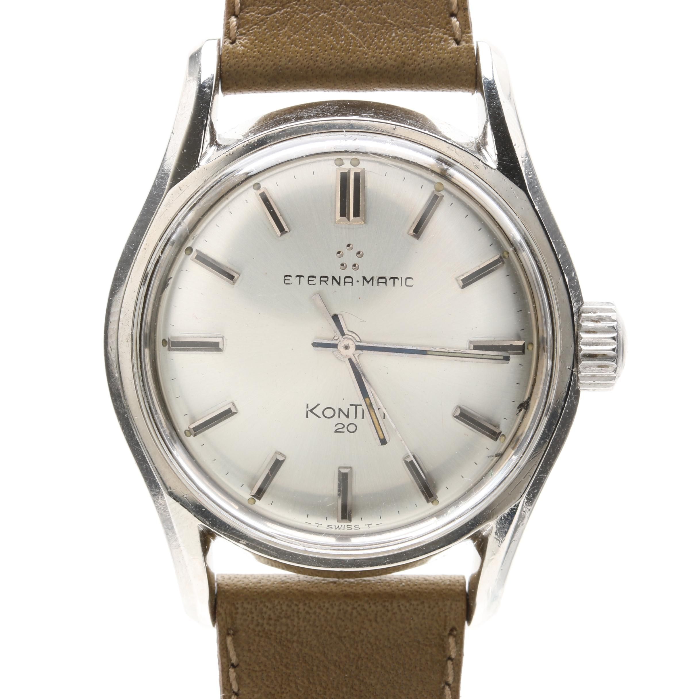Circa 1958 Eterna Stainless Steel Watch with Green Leather Strap