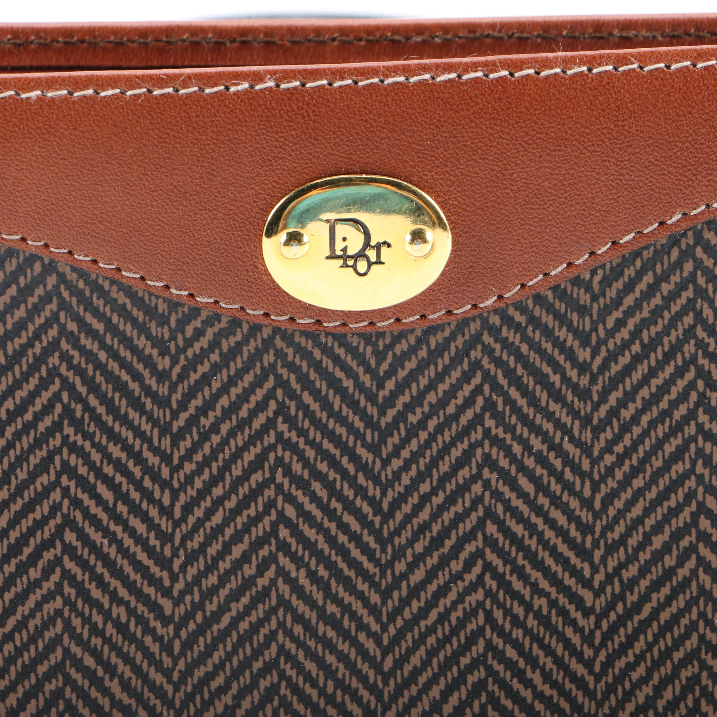 Vintage Christian Dior Herringbone Coated Canvas and Tan Leather Cosmetics Case