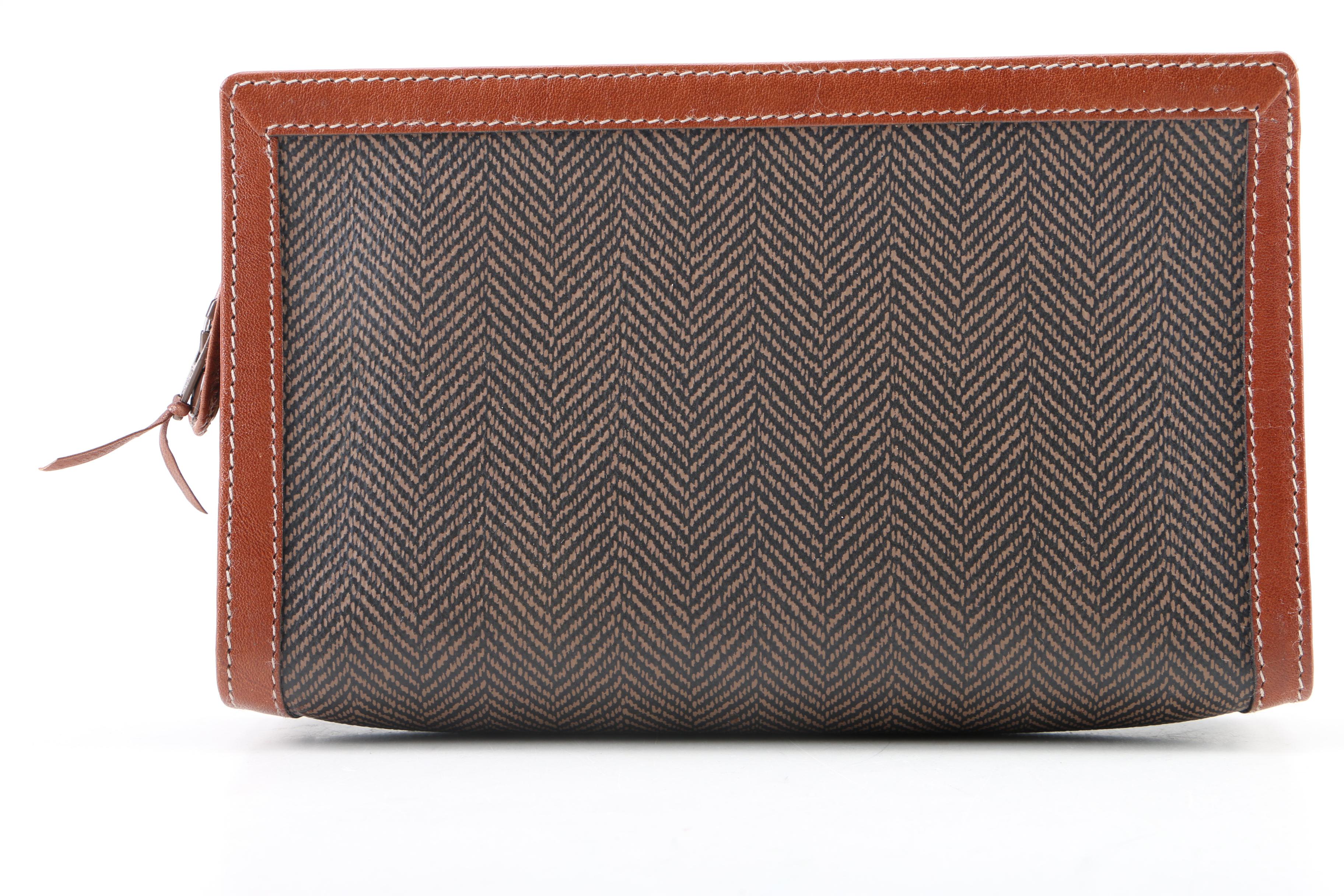 Vintage Christian Dior Herringbone Coated Canvas and Tan Leather Cosmetics Case