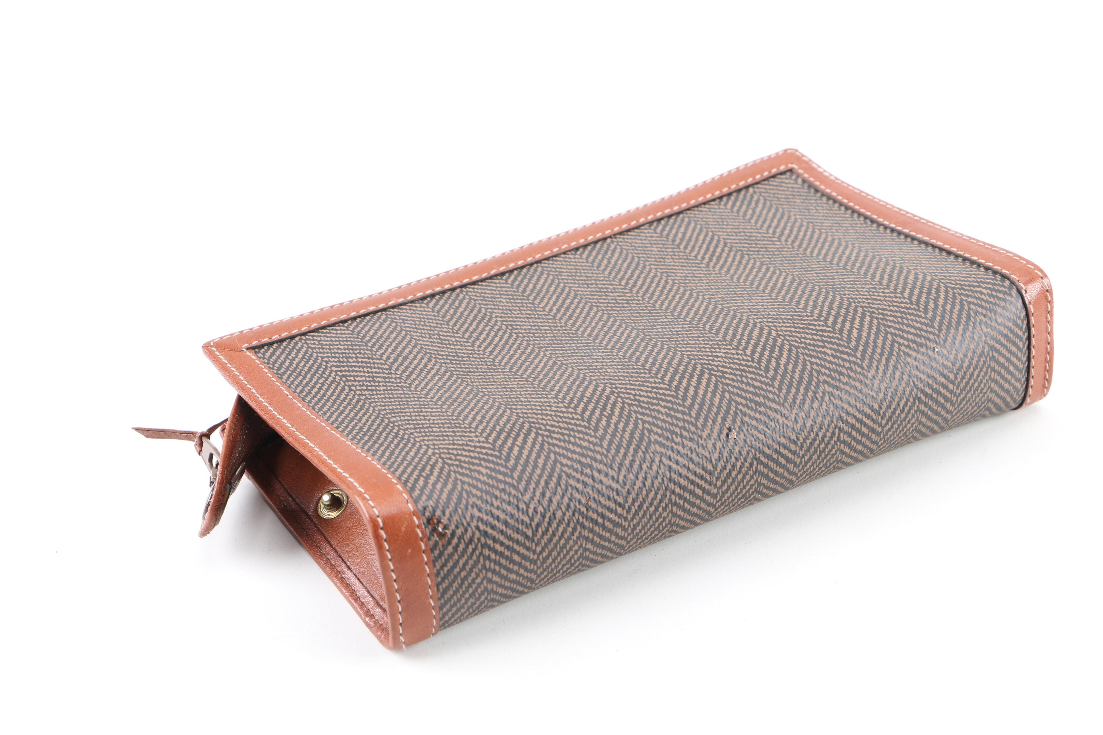 Vintage Christian Dior Herringbone Coated Canvas and Tan Leather Cosmetics Case