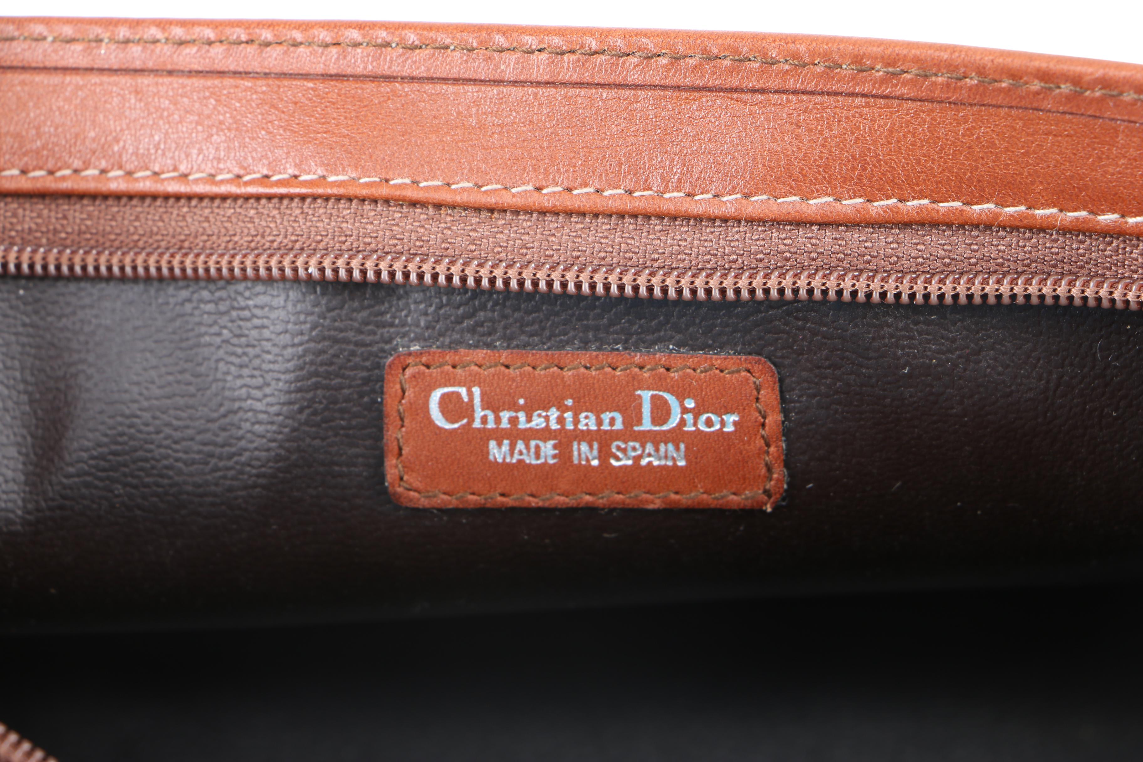 Vintage Christian Dior Herringbone Coated Canvas and Tan Leather Cosmetics Case