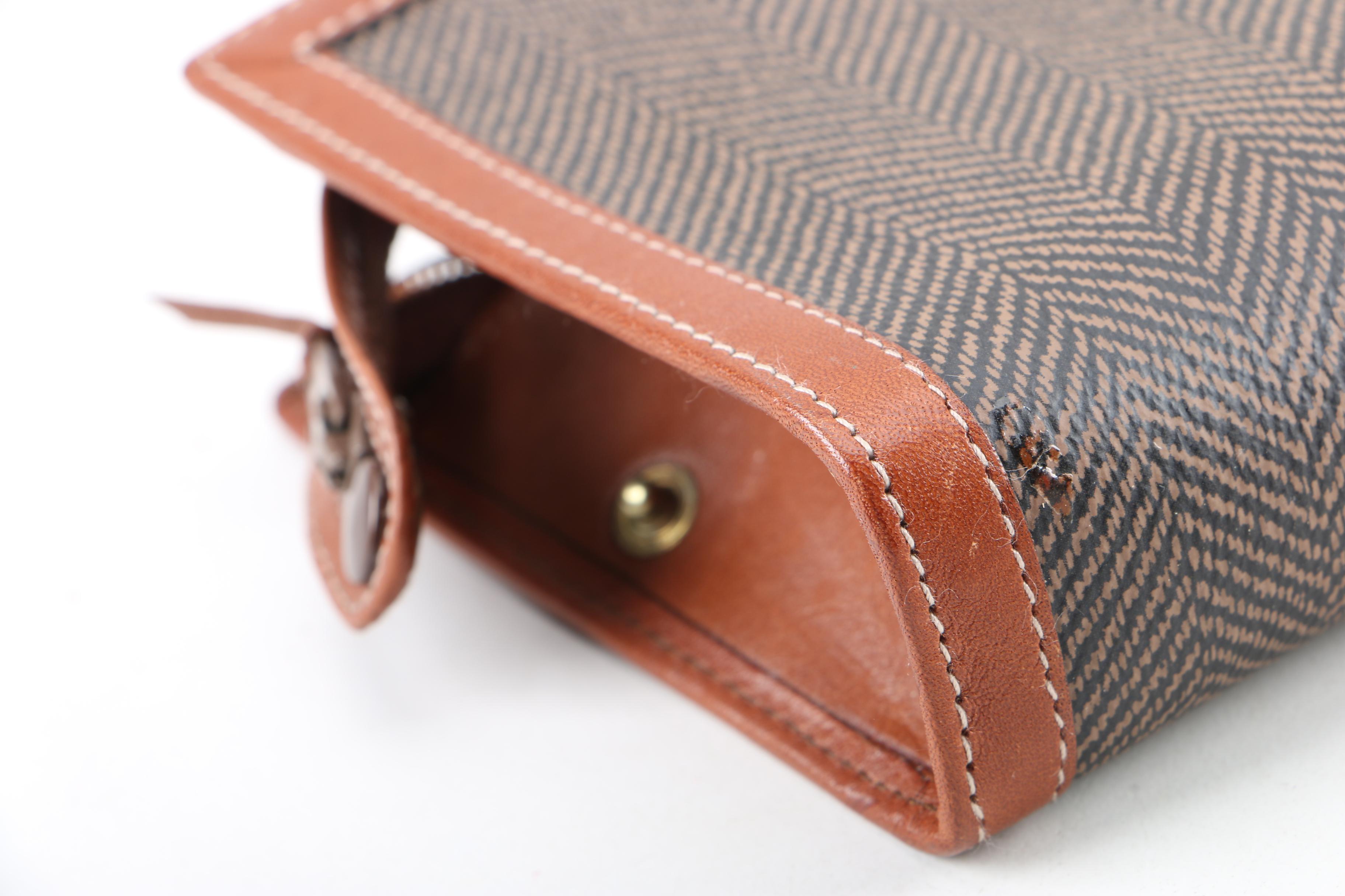 Vintage Christian Dior Herringbone Coated Canvas and Tan Leather Cosmetics Case