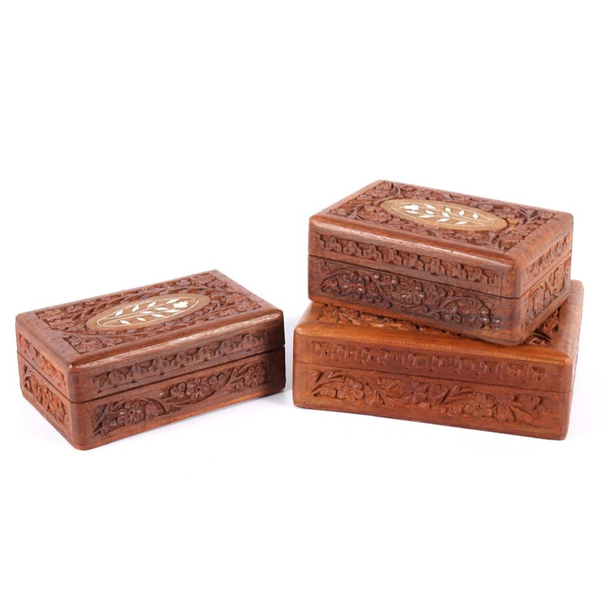 Carved and Inlaid Foliate Wooden Decorative Boxes