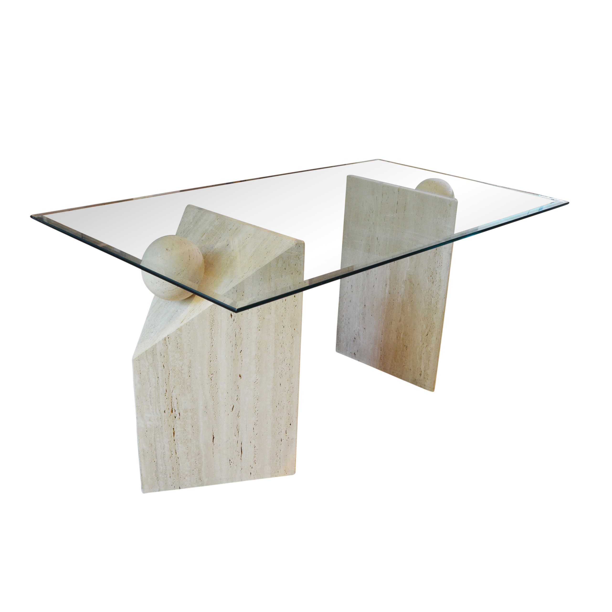Contemporary Beveled Glass and Travertine Executive Desk