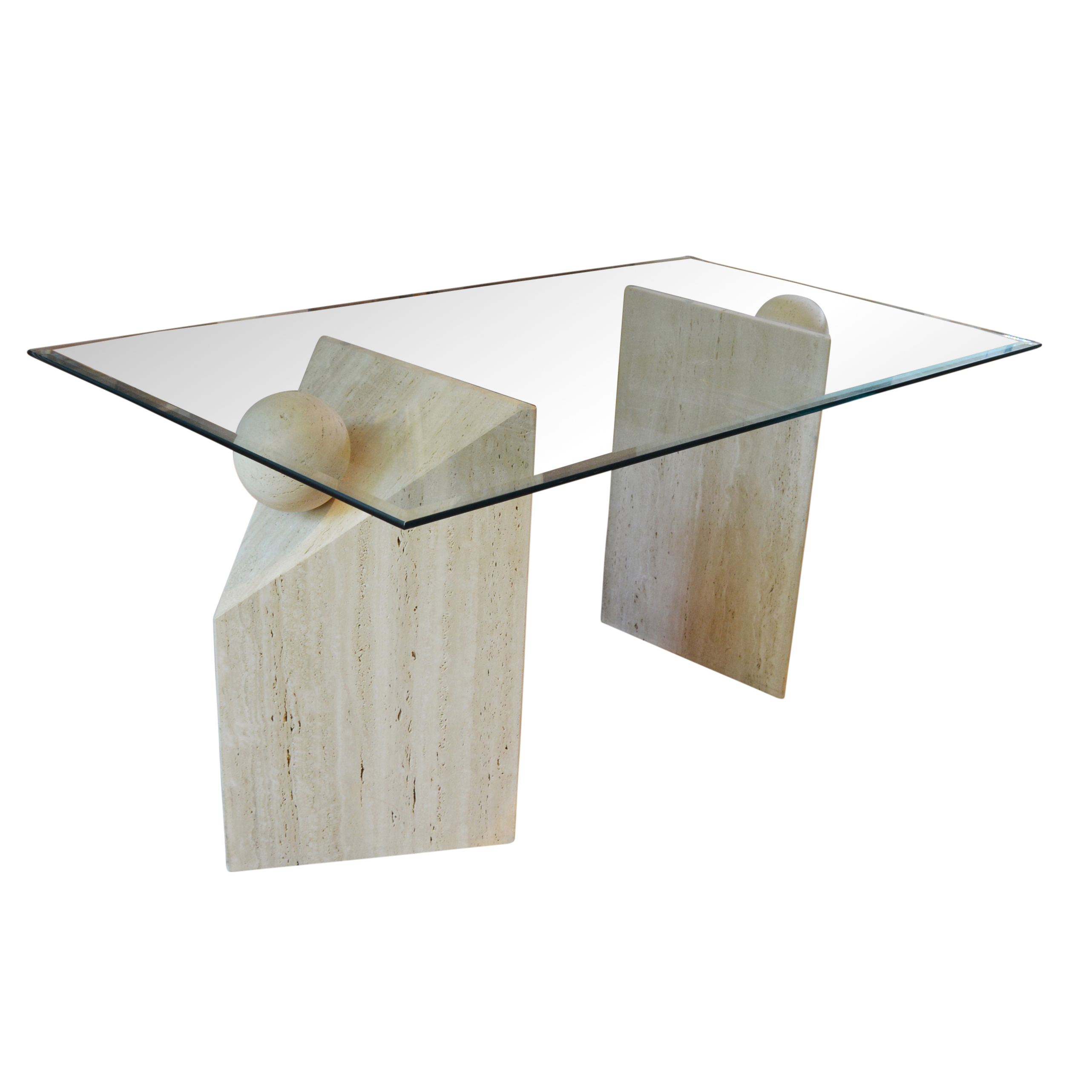 Contemporary Beveled Glass and Travertine Executive Desk